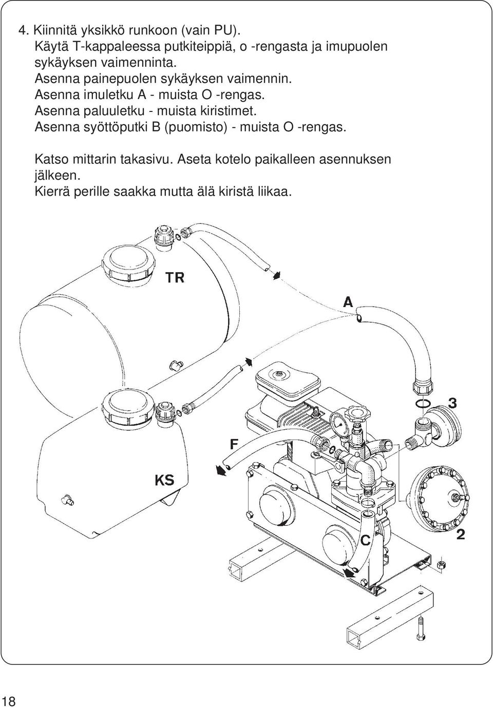 Asenna painepuolen sykäyksen vaimennin. Asenna imuletku A - muista O -rengas.