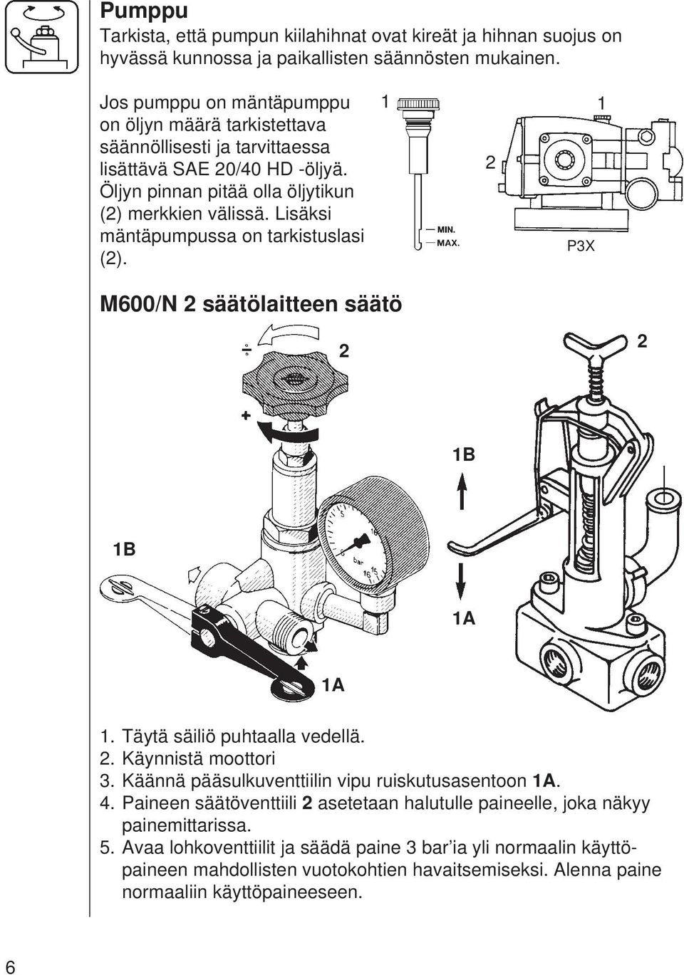 Lisäksi mäntäpumpussa on tarkistuslasi (2). 1 2 P3X 1 M600/N 2 säätölaitteen säätö 2 2 1B 1B 1A 1A 1. Täytä säiliö puhtaalla vedellä. 2. Käynnistä moottori 3.