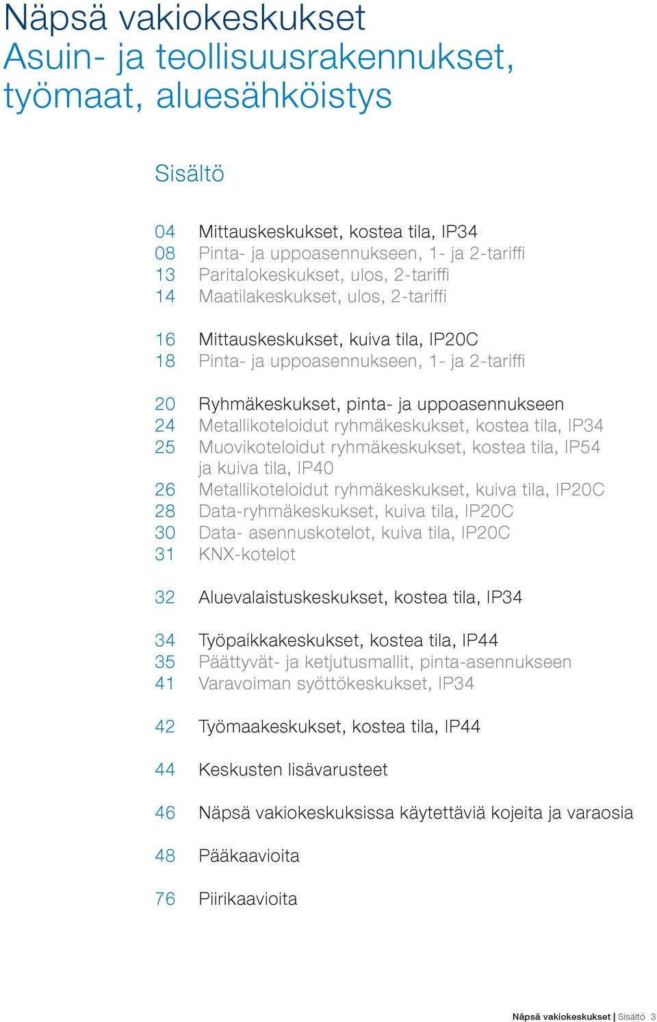 ryhmäkeskukset, kostea tila, IP34 25 Muovikoteloidut ryhmäkeskukset, kostea tila, IP54 ja kuiva tila, IP40 26 Metallikoteloidut ryhmäkeskukset, kuiva tila, IP20C 28 Data-ryhmäkeskukset, kuiva tila,