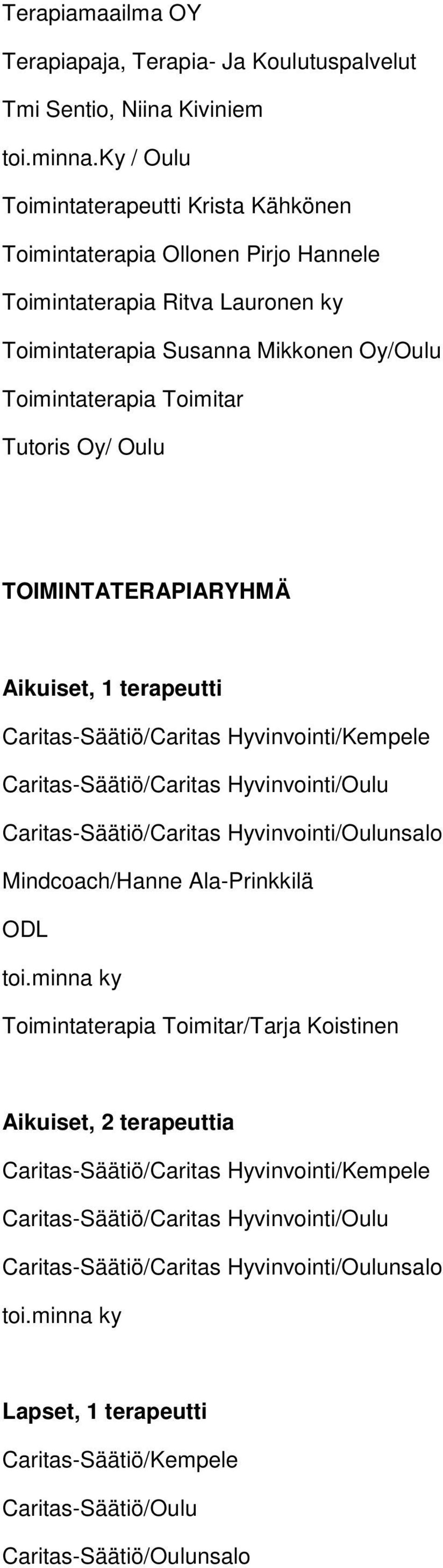 Oulu TOIMINTATERAPIARYHMÄ Aikuiset, 1 terapeutti Caritas-Säätiö/Caritas Hyvinvointi/Kempele Caritas-Säätiö/Caritas Hyvinvointi/Oulu Caritas-Säätiö/Caritas Hyvinvointi/Oulunsalo Mindcoach/Hanne