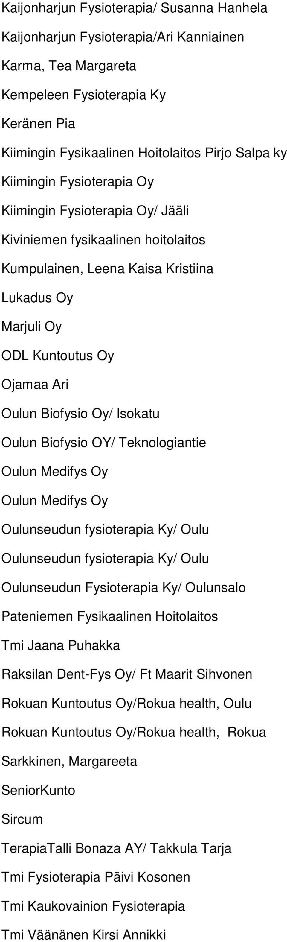 Isokatu Oulun Biofysio OY/ Teknologiantie Oulunseudun fysioterapia Ky/ Oulu Oulunseudun fysioterapia Ky/ Oulu Oulunseudun Fysioterapia Ky/ Oulunsalo Pateniemen Fysikaalinen Hoitolaitos Tmi Jaana