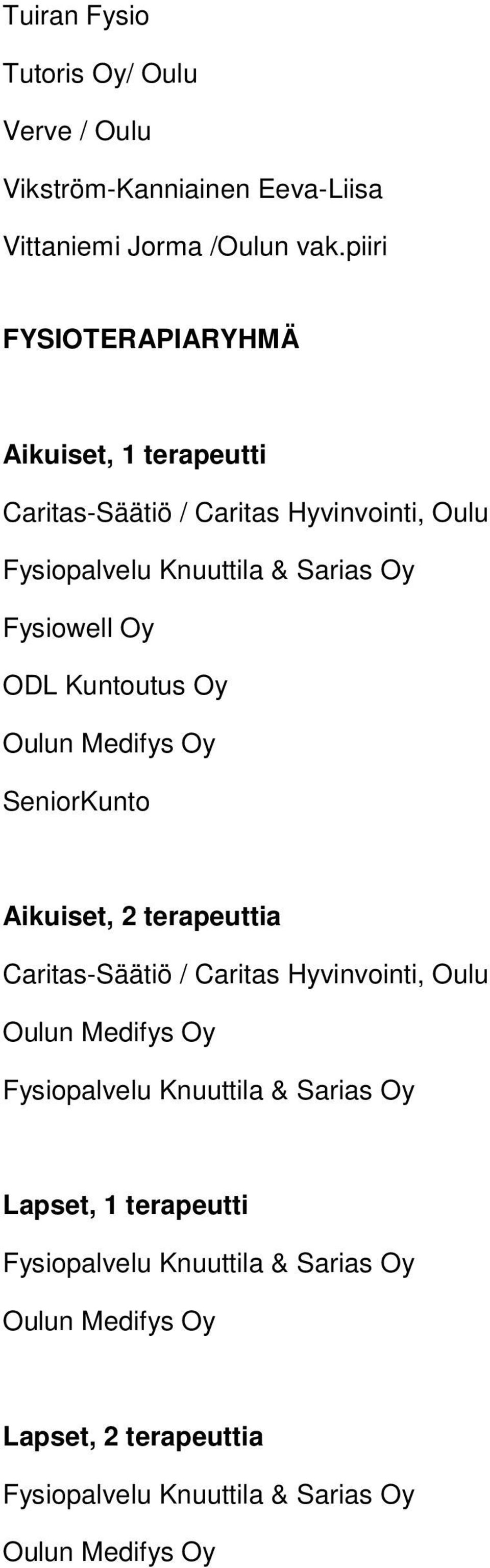 Sarias Oy Fysiowell Oy ODL Kuntoutus Oy SeniorKunto Aikuiset, 2 terapeuttia Caritas-Säätiö / Caritas Hyvinvointi, Oulu