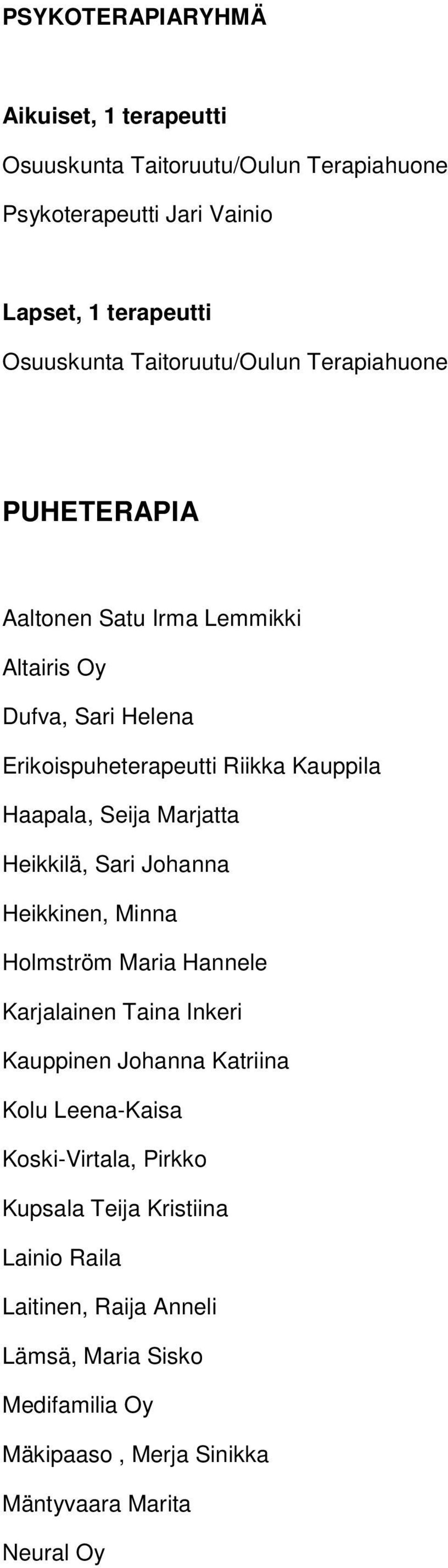 Seija Marjatta Heikkilä, Sari Johanna Heikkinen, Minna Holmström Maria Hannele Karjalainen Taina Inkeri Kauppinen Johanna Katriina Kolu Leena-Kaisa