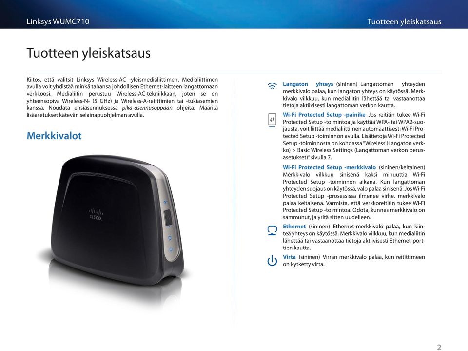 Medialiitin perustuu Wireless-AC-tekniikkaan, joten se on yhteensopiva Wireless-N- (5 GHz) ja Wireless-A-retittimien tai -tukiasemien kanssa. Noudata ensiasennuksessa pika-asennusoppaan ohjeita.