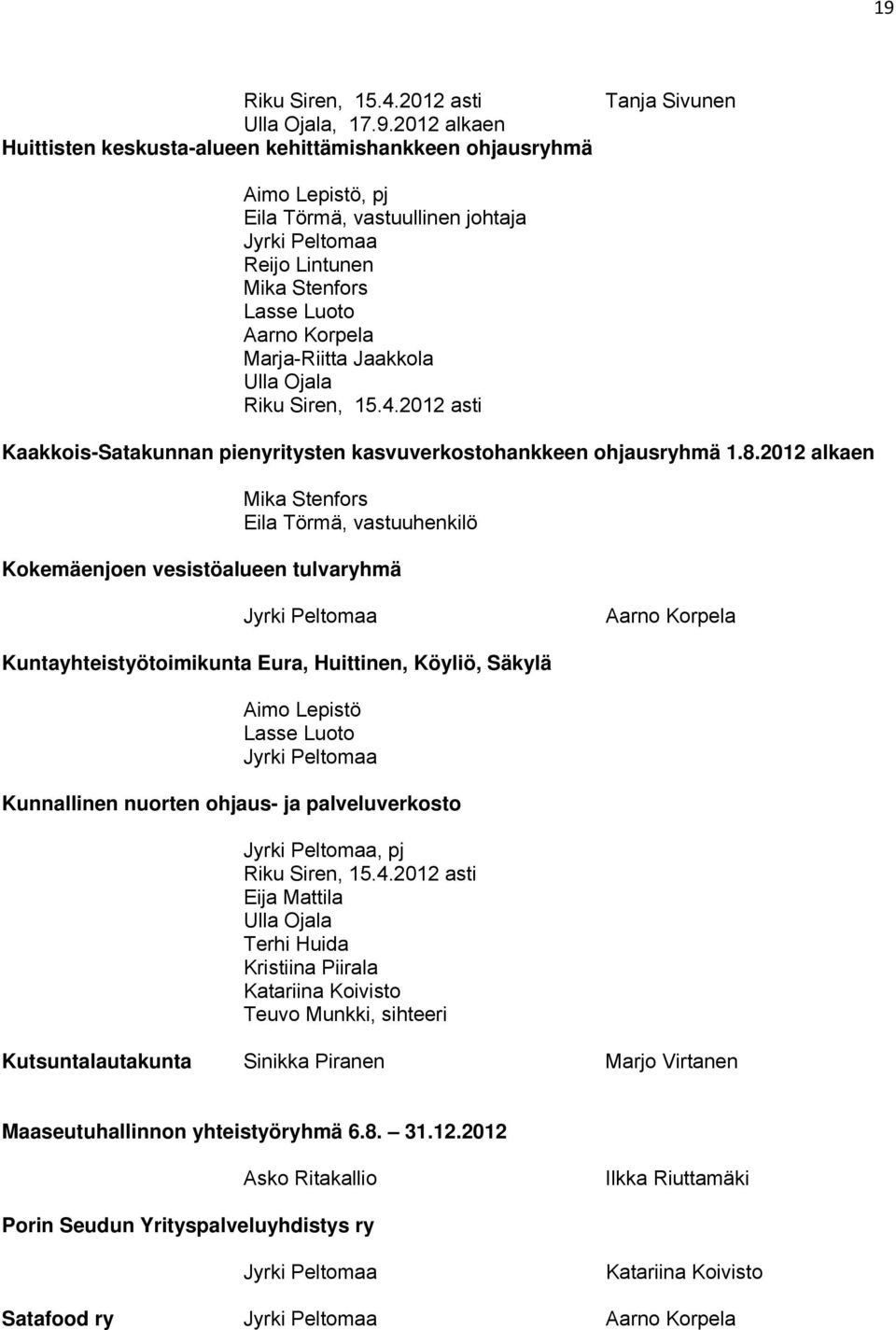 2012 alkaen Mika Stenfors Eila Törmä, vastuuhenkilö Kokemäenjoen vesistöalueen tulvaryhmä Jyrki Peltomaa Aarno Korpela Kuntayhteistyötoimikunta Eura, Huittinen, Köyliö, Säkylä Aimo Lepistö Lasse