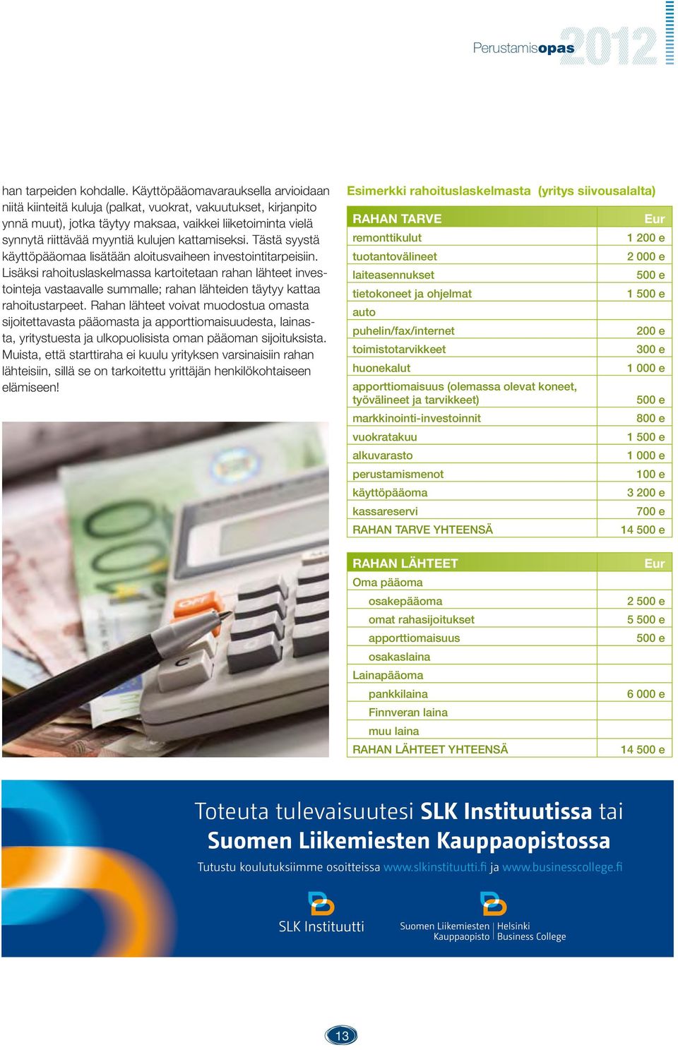 kattamiseksi. Tästä syystä käyttöpääomaa lisätään aloitusvaiheen investointitarpeisiin.