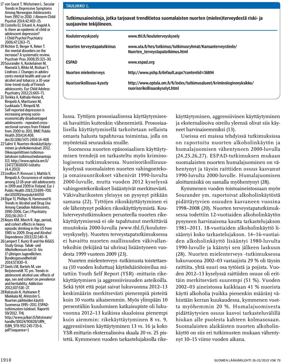 Psychiatr Prax 2008;35:321 30. 20 Sourander A, Koskelainen M, Niemelä S, Rihko M, Ristkari T, Lindroos J.