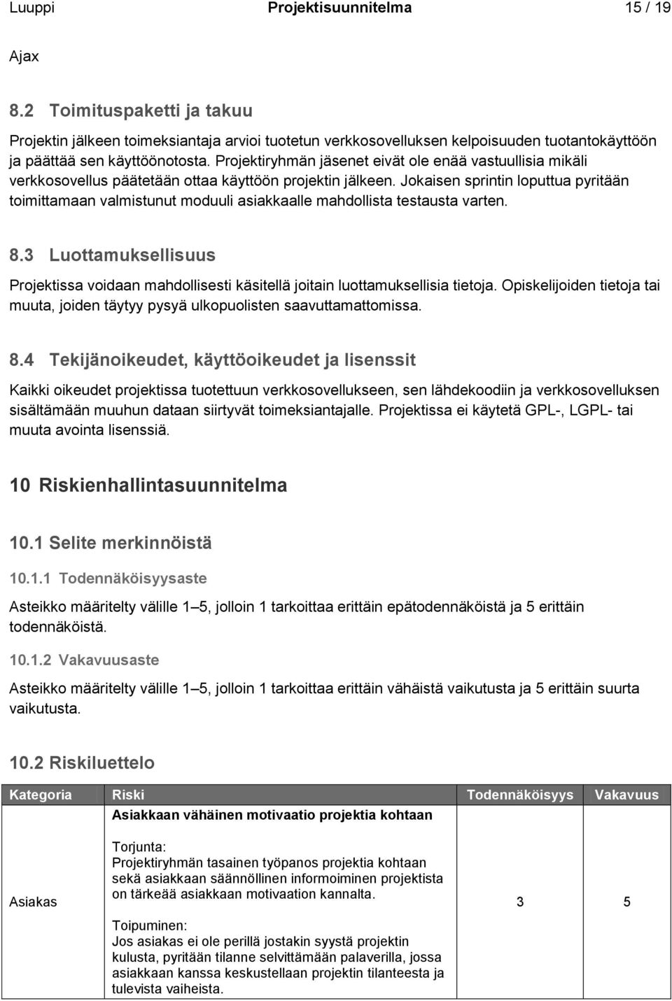 Jokaisen sprintin loputtua pyritään toimittamaan valmistunut moduuli asiakkaalle mahdollista testausta varten. 8.