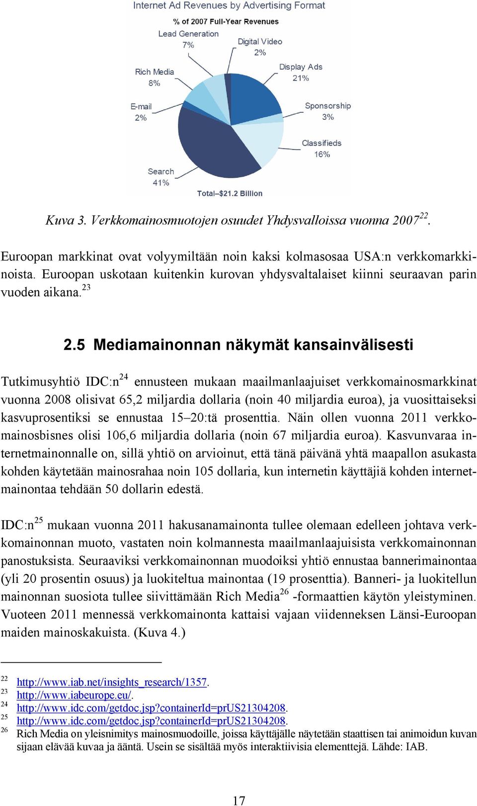 5 Mediamainonnan näkymät kansainvälisesti Tutkimusyhtiö IDC:n 24 ennusteen mukaan maailmanlaajuiset verkkomainosmarkkinat vuonna 2008 olisivat 65,2 miljardia dollaria (noin 40 miljardia euroa), ja