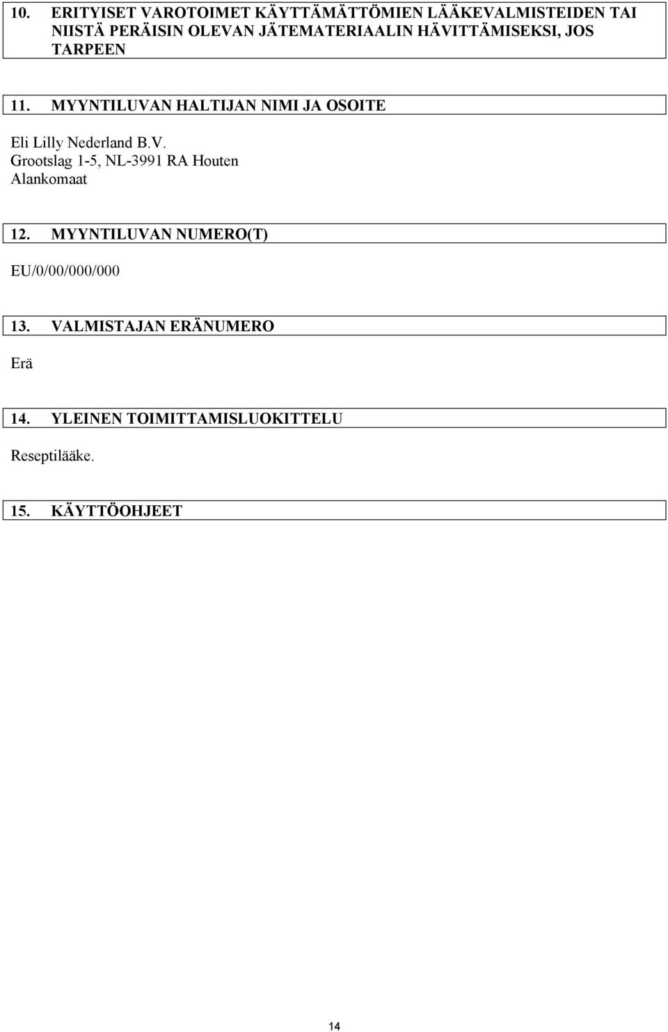 MYYNTILUVAN HALTIJAN NIMI JA OSOITE Eli Lilly Nederland B.V. Grootslag 1-5, NL-3991 RA Houten Alankomaat 12.