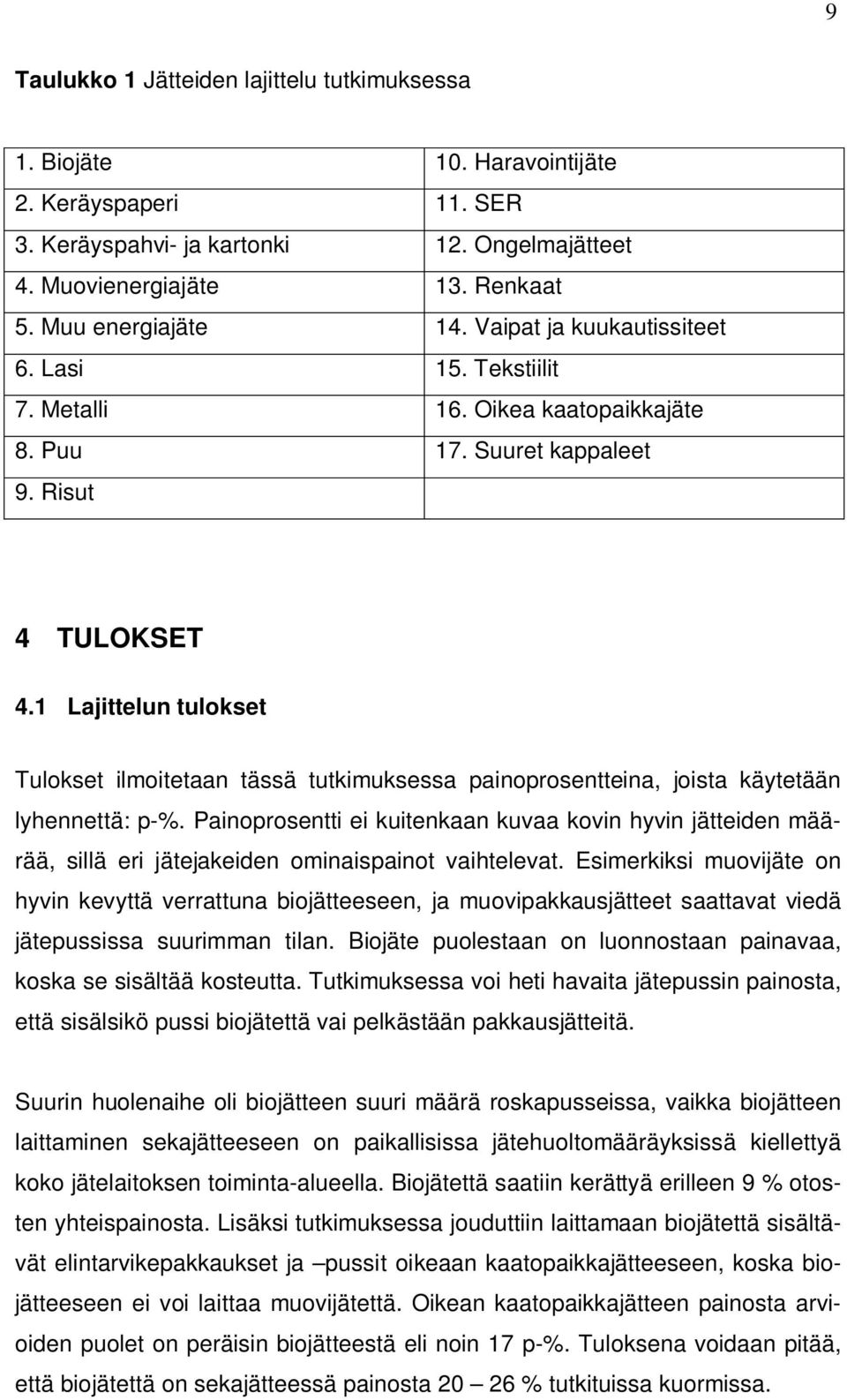 1 Lajittelun tulokset Tulokset ilmoitetaan tässä tutkimuksessa painoprosentteina, joista käytetään lyhennettä: p-%.