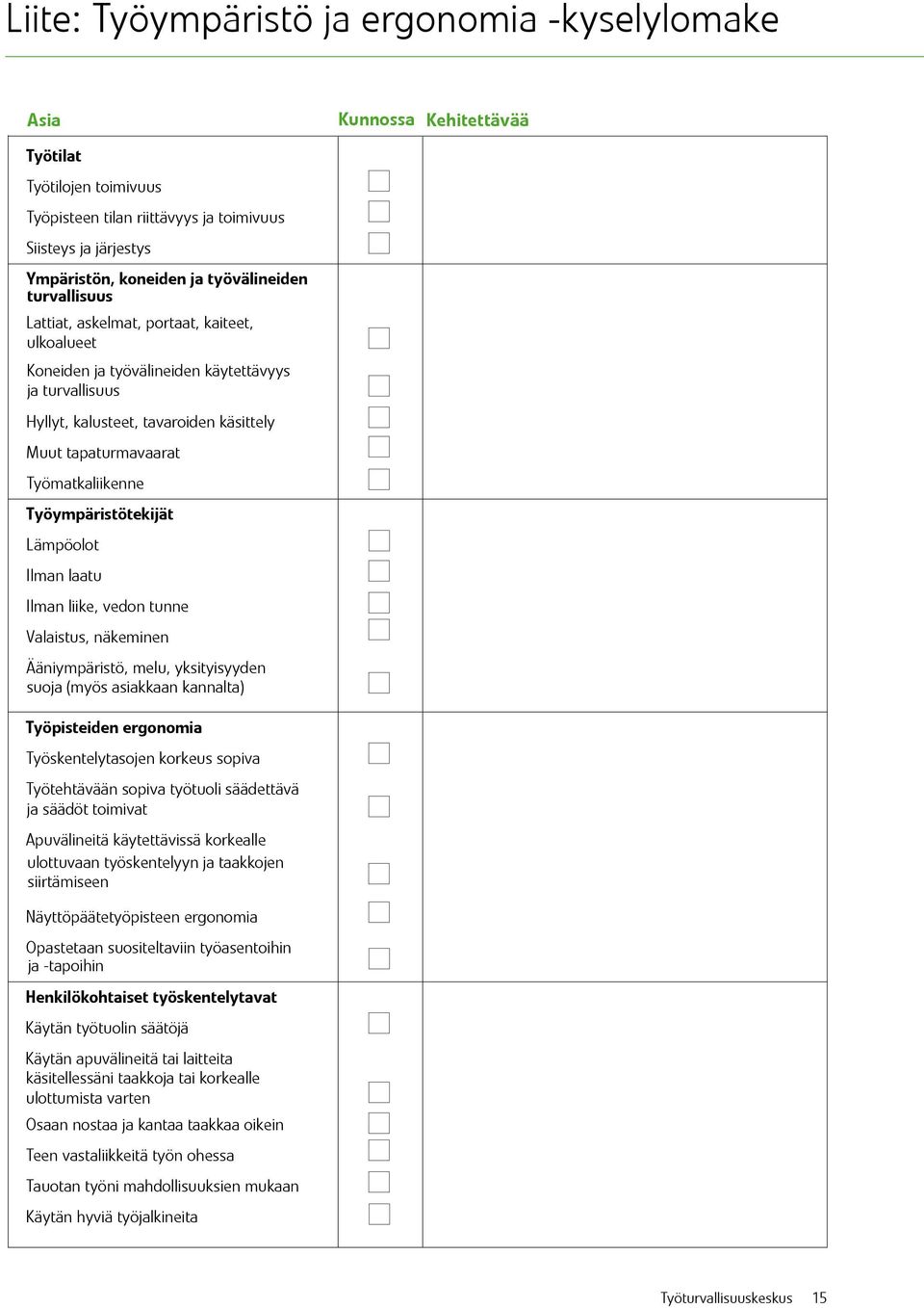 Työmatkaliikenne Työympäristötekijät Lämpöolot Ilman laatu Ilman liike, vedon tunne Valaistus, näkeminen Ääniympäristö, melu, yksityisyyden suoja (myös asiakkaan kannalta) Työpisteiden ergonomia