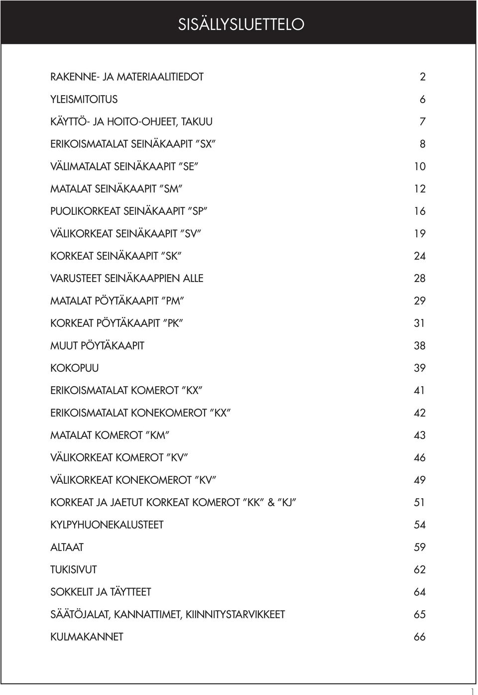 pöytäkaapit pk 31 muut pöytäkaapit 38 kokopuu 39 erikoismatalat komerot kx 41 erikoismatalat konekomerot kx 42 matalat komerot km 43 välikorkeat komerot kv 46 välikorkeat