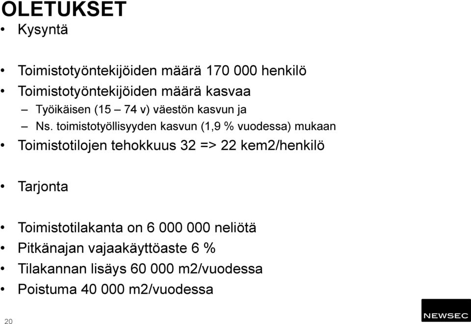 toimistotyöllisyyden kasvun (1,9 % vuodessa) mukaan Toimistotilojen tehokkuus 32 => 22