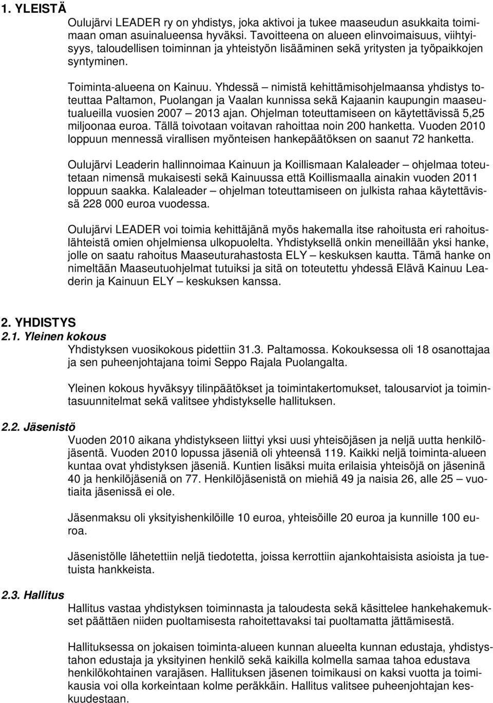 Yhdessä nimistä kehittämisohjelmaansa yhdistys toteuttaa Paltamon, Puolangan ja Vaalan kunnissa sekä Kajaanin kaupungin maaseutualueilla vuosien 2007 2013 ajan.