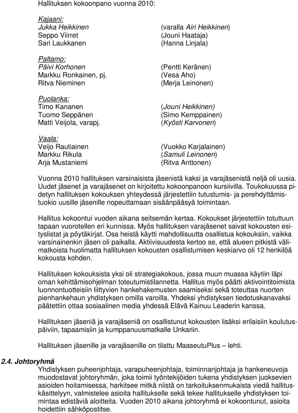 Vaala: Veijo Rautiainen Markku Rikula Arja Mustaniemi (varalla Airi Heikkinen) (Jouni Haataja) (Hanna Linjala) (Pentti Keränen) (Vesa Aho) (Merja Leinonen) (Jouni Heikkinen) (Simo Kemppainen) (Kyösti