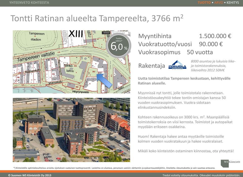 Myynnissä nyt tontti, jolle toimistotalo rakennetaan. Kiinteistöosakeyhtiö tekee tontin omistajan kanssa 50 vuoden vuokrasopimuksen. Vuokra sidotaan elinkustannusindeksiin.