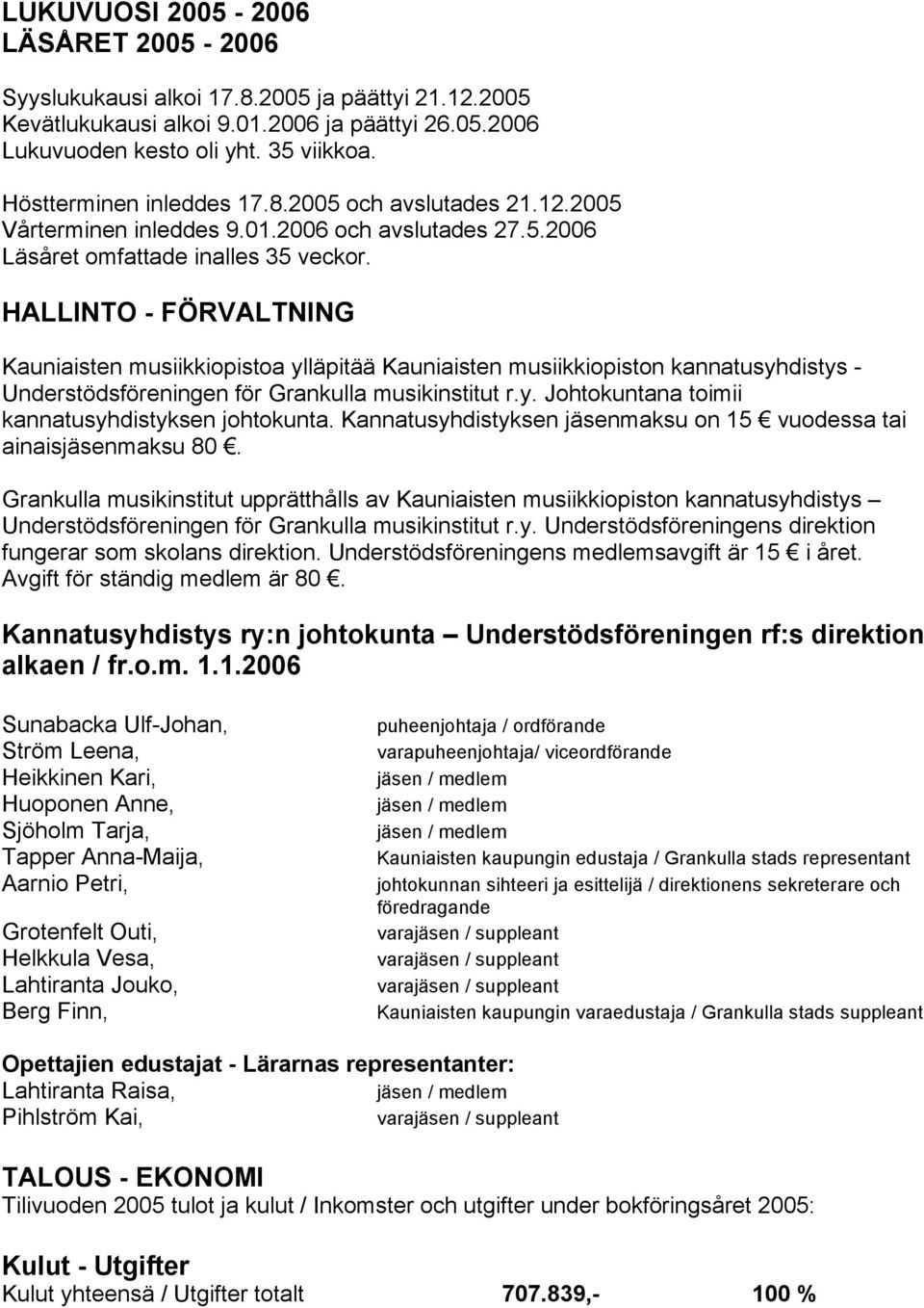 HALLINTO - FÖRVALTNING Kauniaisten musiikkiopistoa ylläpitää Kauniaisten musiikkiopiston kannatusyhdistys - Understödsföreningen för Grankulla musikinstitut r.y. Johtokuntana toimii kannatusyhdistyksen johtokunta.