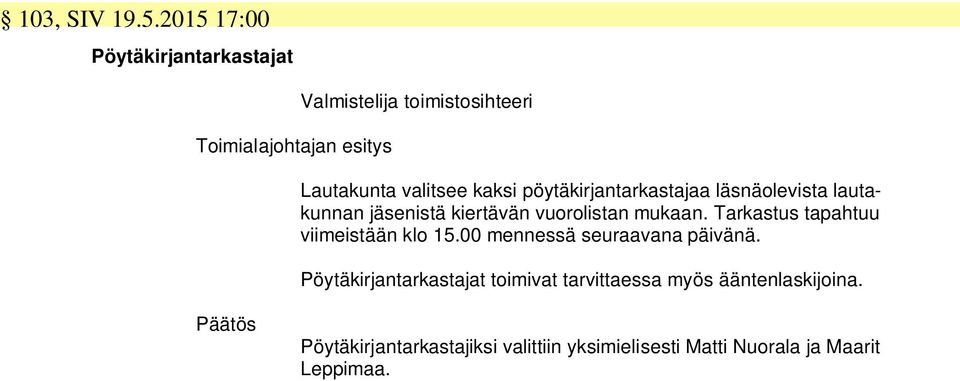 pöytäkirjantarkastajaa läsnäolevista lautakunnan jäsenistä kiertävän vuorolistan mukaan.