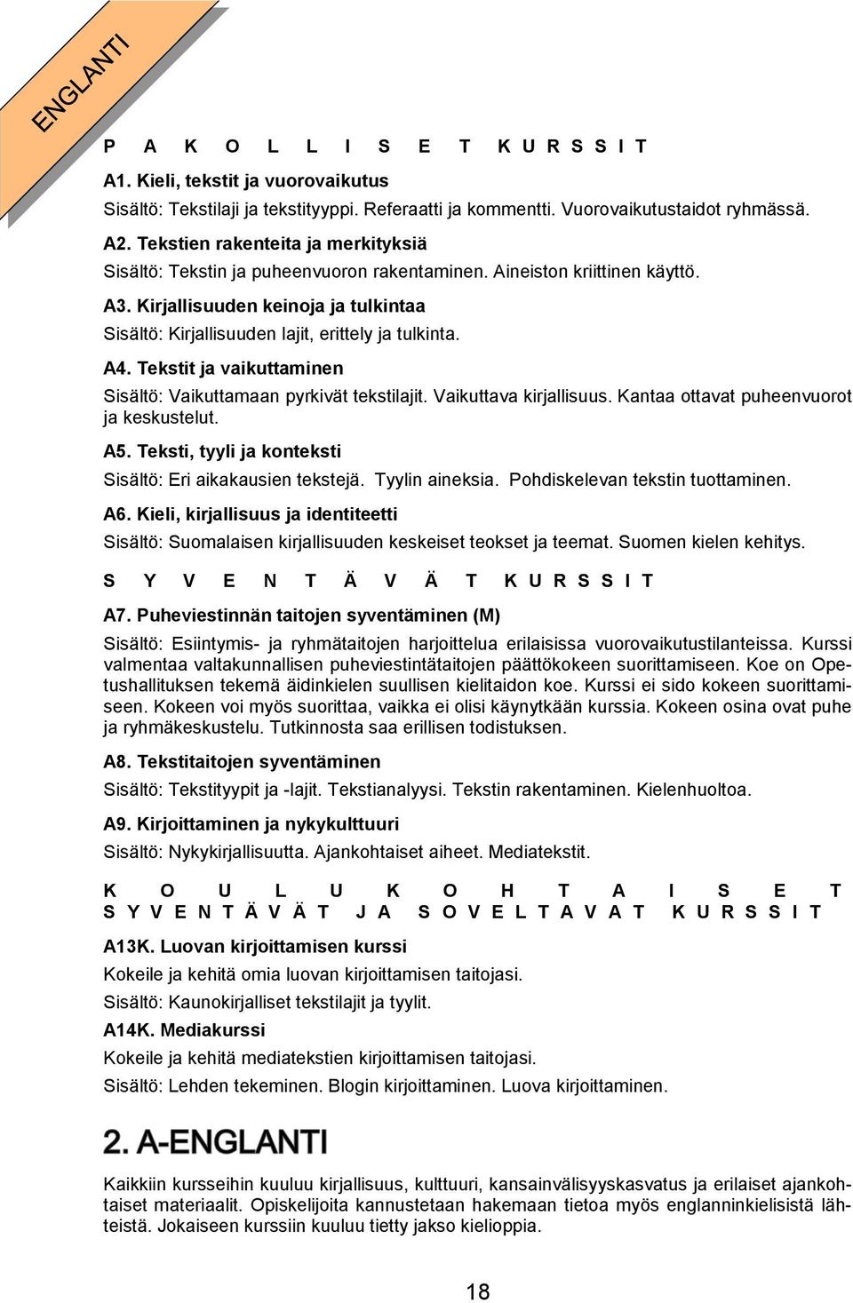 Kirjallisuuden keinoja ja tulkintaa Sisältö: Kirjallisuuden lajit, erittely ja tulkinta. A4. Tekstit ja vaikuttaminen Sisältö: Vaikuttamaan pyrkivät tekstilajit. Vaikuttava kirjallisuus.