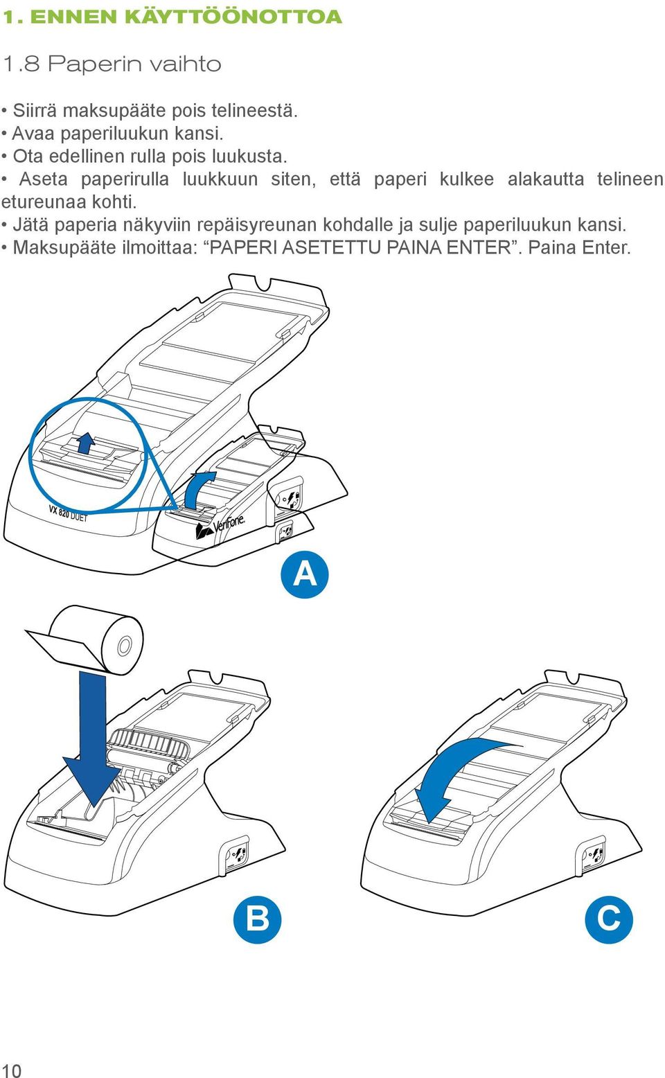 Aseta paperirulla luukkuun siten, että paperi kulkee alakautta telineen etureunaa kohti.