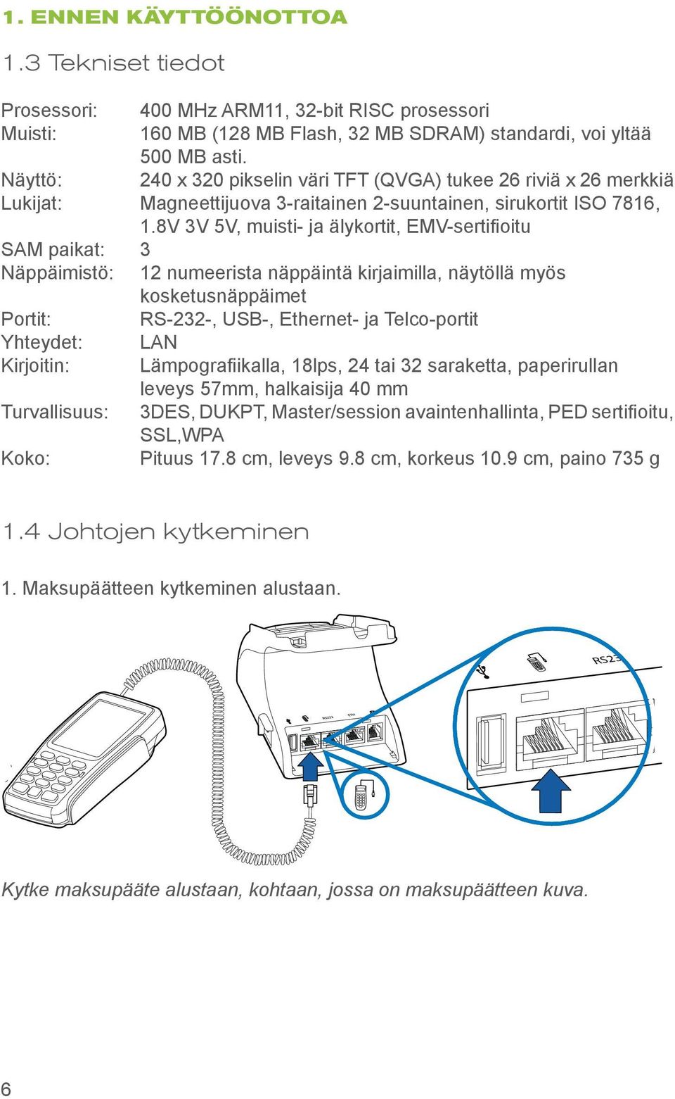 8V 3V 5V, muisti- ja älykortit, EMV-sertifioitu SAM paikat: 3 Näppäimistö: 12 numeerista näppäintä kirjaimilla, näytöllä myös kosketusnäppäimet Portit: RS-232-, USB-, Ethernet- ja Telco-portit