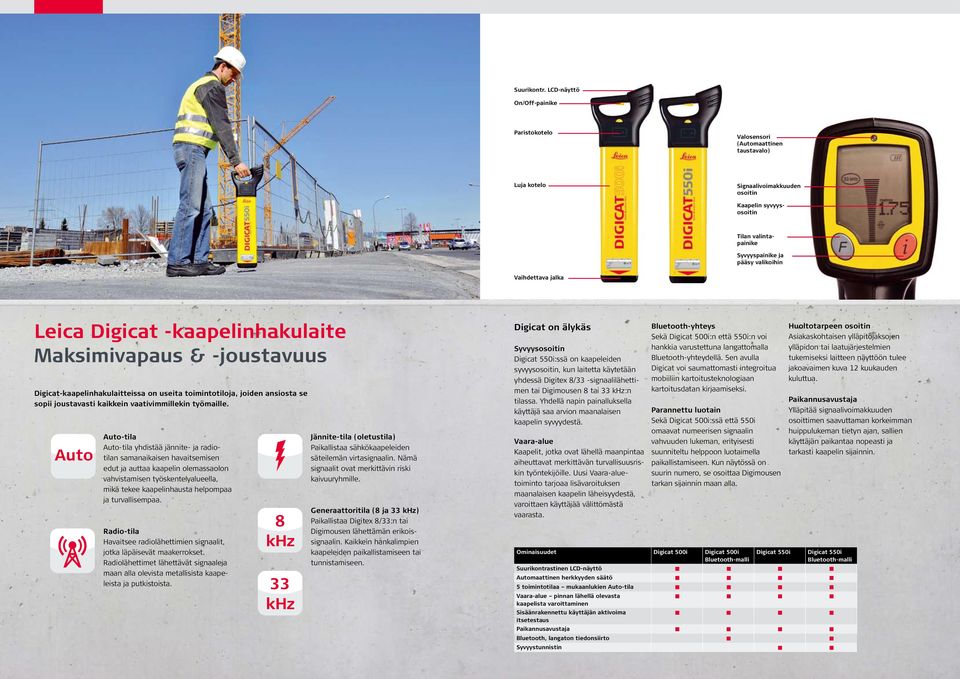 Vaihdettava jalka Leica Digicat -kaapelinhakulaite Maksimivapaus & -joustavuus Digicat-kaapelinhakulaitteissa on useita toimintotiloja, joiden ansiosta se sopii joustavasti kaikkein vaativimmillekin