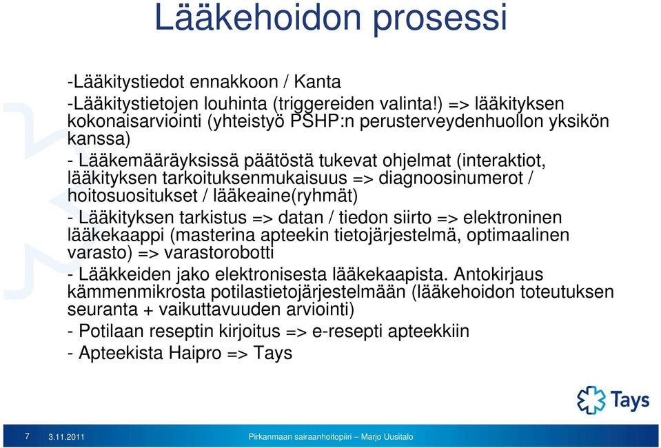 diagnoosinumerot / hoitosuositukset / lääkeaine(ryhmät) - Lääkityksen tarkistus => datan / tiedon siirto => elektroninen lääkekaappi (masterina apteekin tietojärjestelmä, optimaalinen