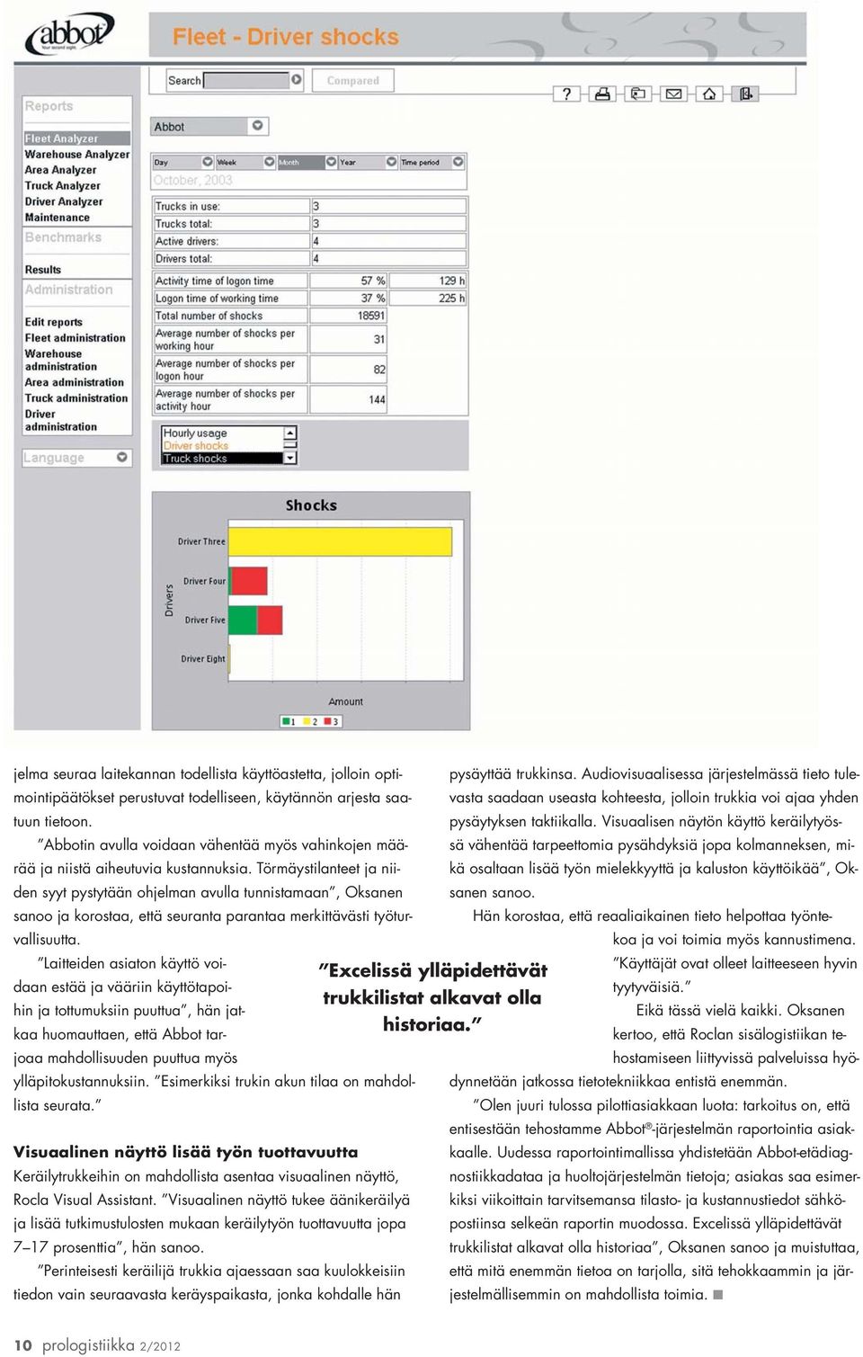 Törmäystilanteet ja niiden syyt pystytään ohjelman avulla tunnistamaan, Oksanen sanoo ja korostaa, että seuranta parantaa merkittävästi työturvallisuutta. pysäyttää trukkinsa.