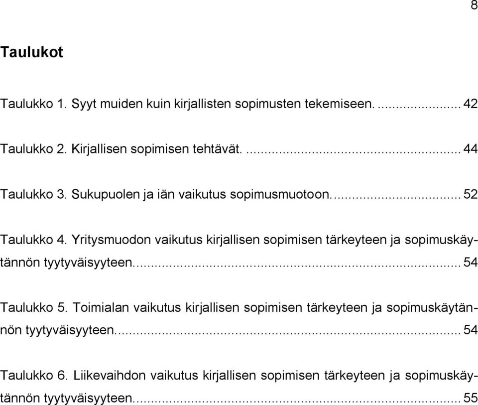 Yritysmuodon vaikutus kirjallisen sopimisen tärkeyteen ja sopimuskäy- tännön tyytyväisyyteen.... 54 Taulukko 5.