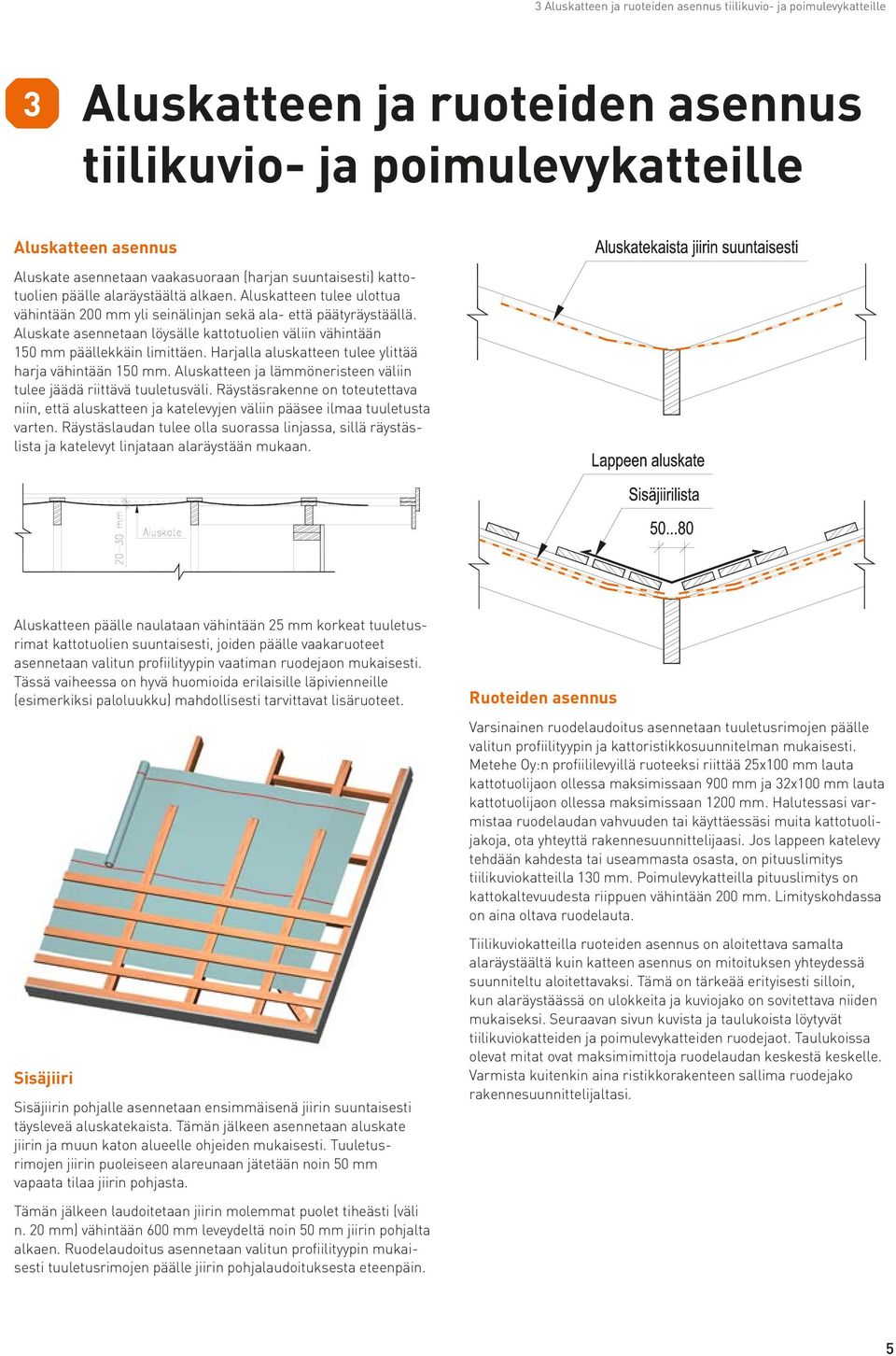 Aluskate asennetaan löysälle kattotuolien väliin vähintään 150 mm päällekkäin limittäen. Harjalla aluskatteen tulee ylittää harja vähintään 150 mm.