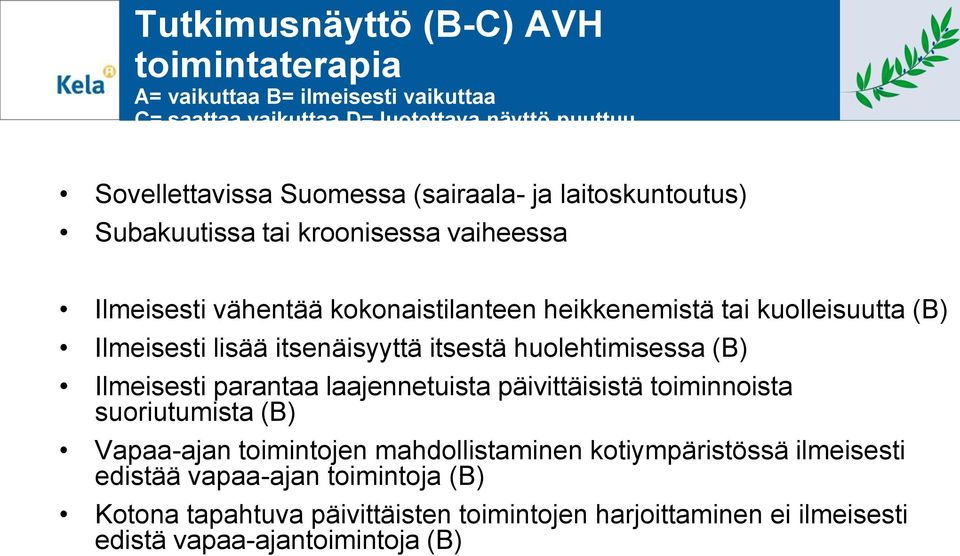 itsenäisyyttä itsestä huolehtimisessa (B) Ilmeisesti parantaa laajennetuista päivittäisistä toiminnoista suoriutumista (B) Vapaa-ajan toimintojen