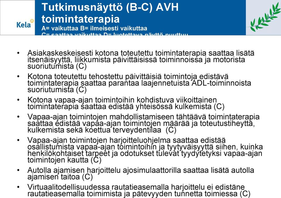 ADL-toiminnoista suoriutumista (C) Kotona vapaa-ajan toimintoihin kohdistuva viikoittainen toimintaterapia saattaa edistää yhteisössä kulkemista (C) Vapaa-ajan toimintojen mahdollistamiseen tähtäävä