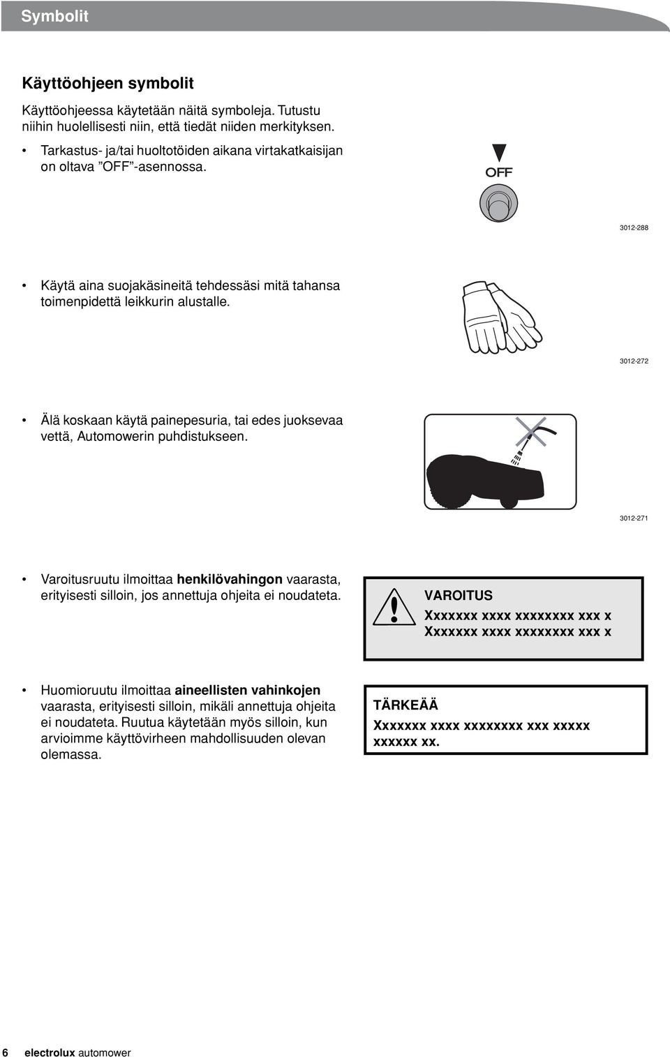 3012-272 Älä koskaan käytä painepesuria, tai edes juoksevaa vettä, Automowerin puhdistukseen.