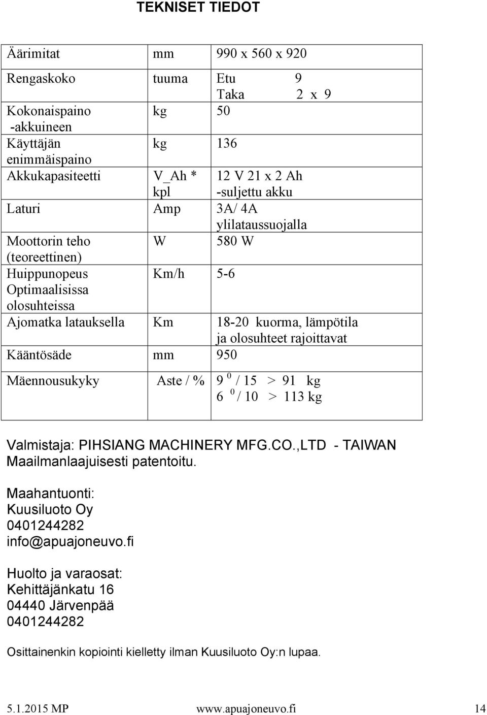 rajoittavat Kääntösäde mm 950 Mäennousukyky Aste / % 9 0 / 15 > 91 kg 6 0 / 10 > 113 kg Valmistaja: PIHSIANG MACHINERY MFG.CO.,LTD - TAIWAN Maailmanlaajuisesti patentoitu.