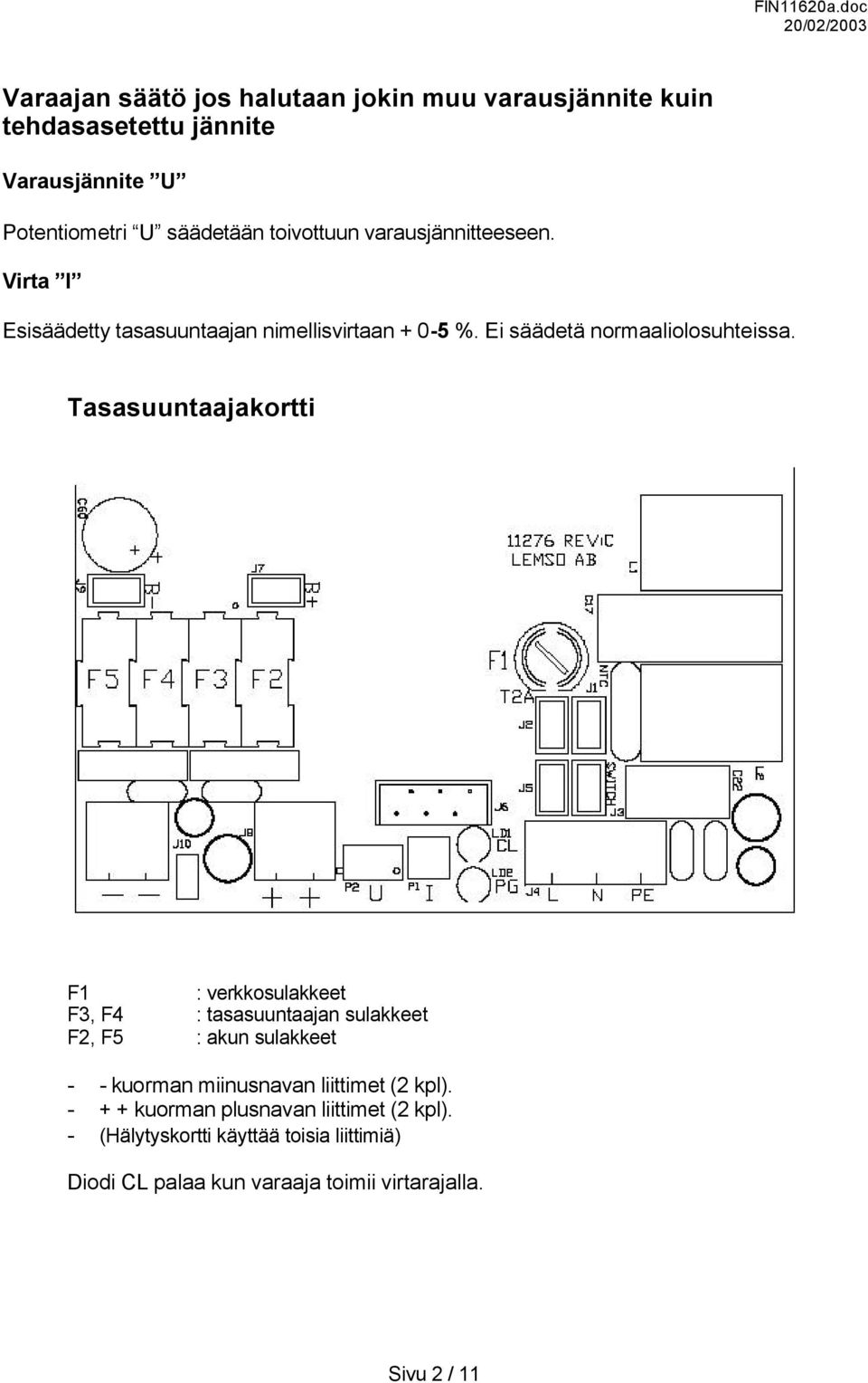 Tasasuuntaajakortti F1 : verkkosulakkeet F3, F4 : tasasuuntaajan sulakkeet F2, F5 : akun sulakkeet - - kuorman miinusnavan