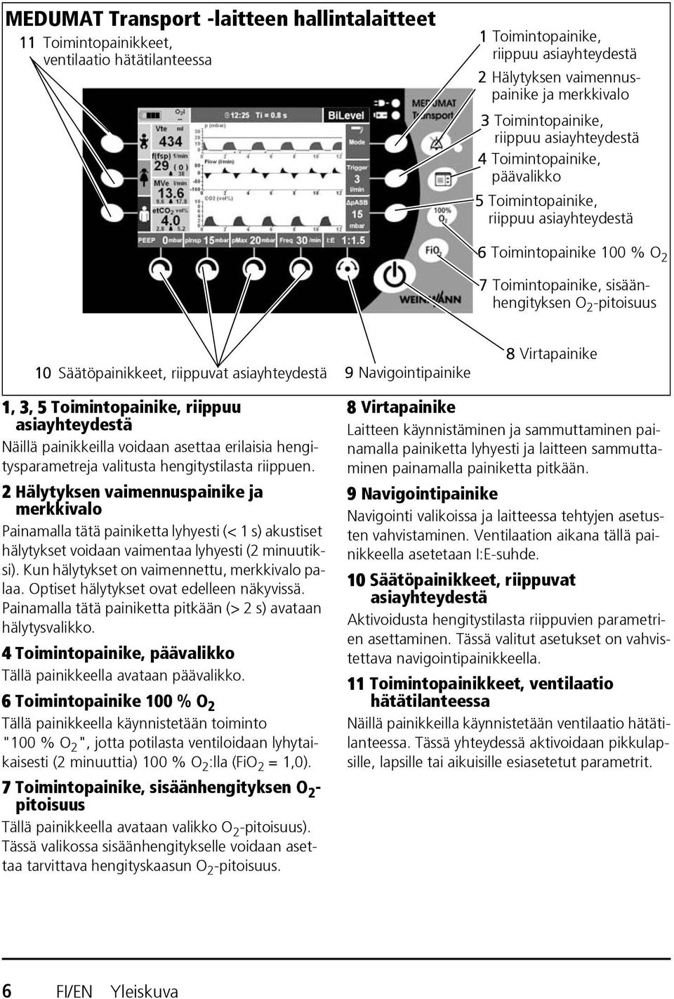 Säätöpainikkeet, riippuvat asiayhteydestä 9 Navigointipainike 8 Virtapainike 1, 3, 5 Toimintopainike, riippuu asiayhteydestä Näillä painikkeilla voidaan asettaa erilaisia hengitysparametreja