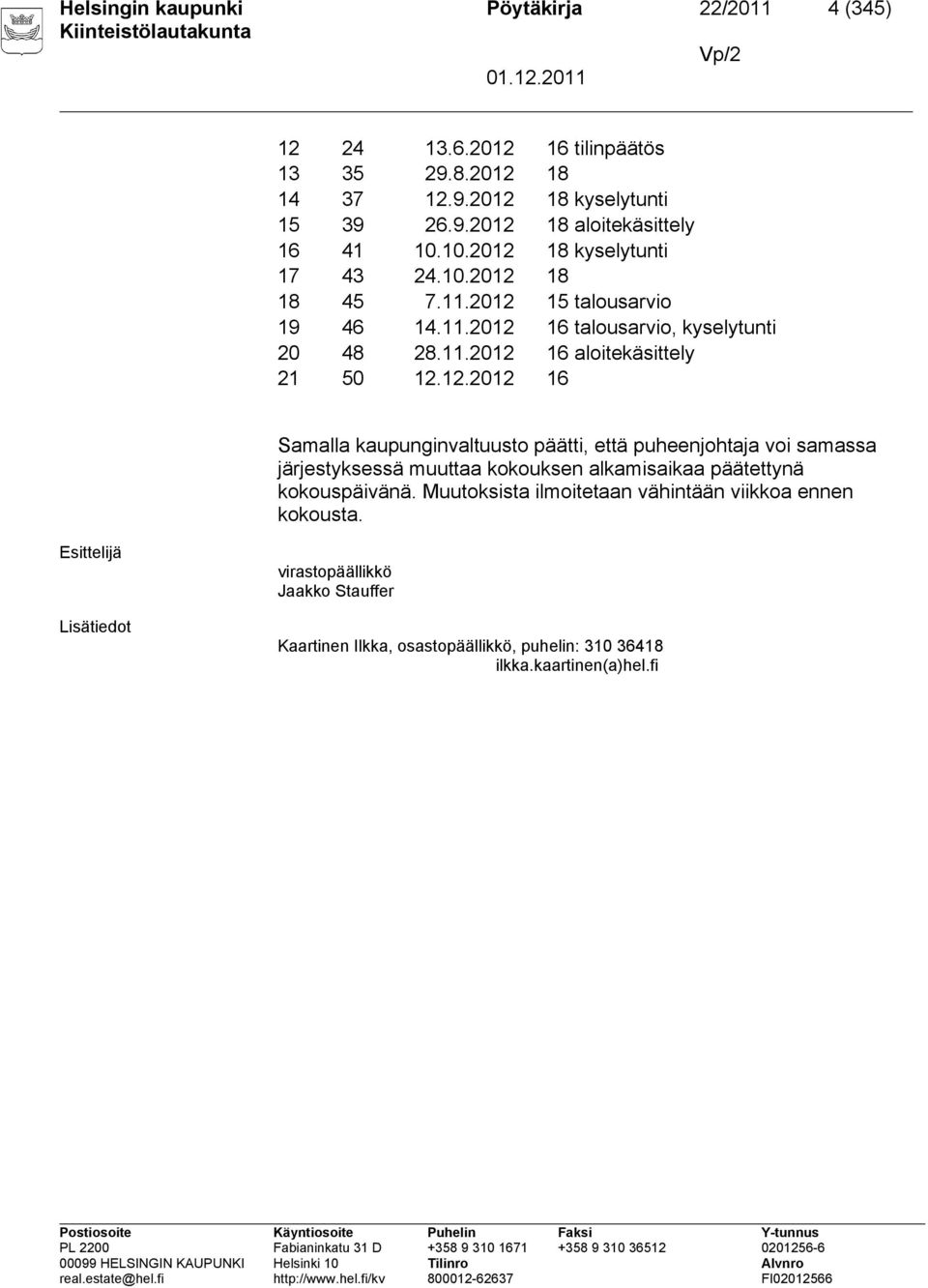 Muutoksista ilmoitetaan vähintään viikkoa ennen kokousta. Lisätiedot virastopäällikkö Jaakko Stauffer Kaartinen Ilkka, osastopäällikkö, puhelin: 310 36418 ilkka.