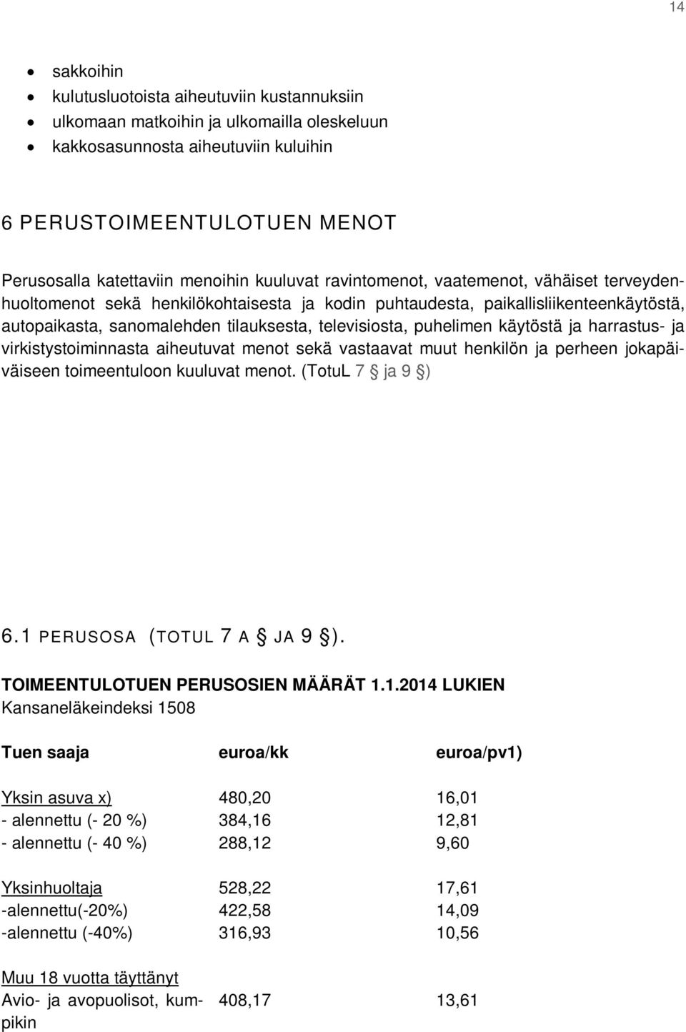 puhelimen käytöstä ja harrastus- ja virkistystoiminnasta aiheutuvat menot sekä vastaavat muut henkilön ja perheen jokapäiväiseen toimeentuloon kuuluvat menot. (TotuL 7 ja 9 ) 6.