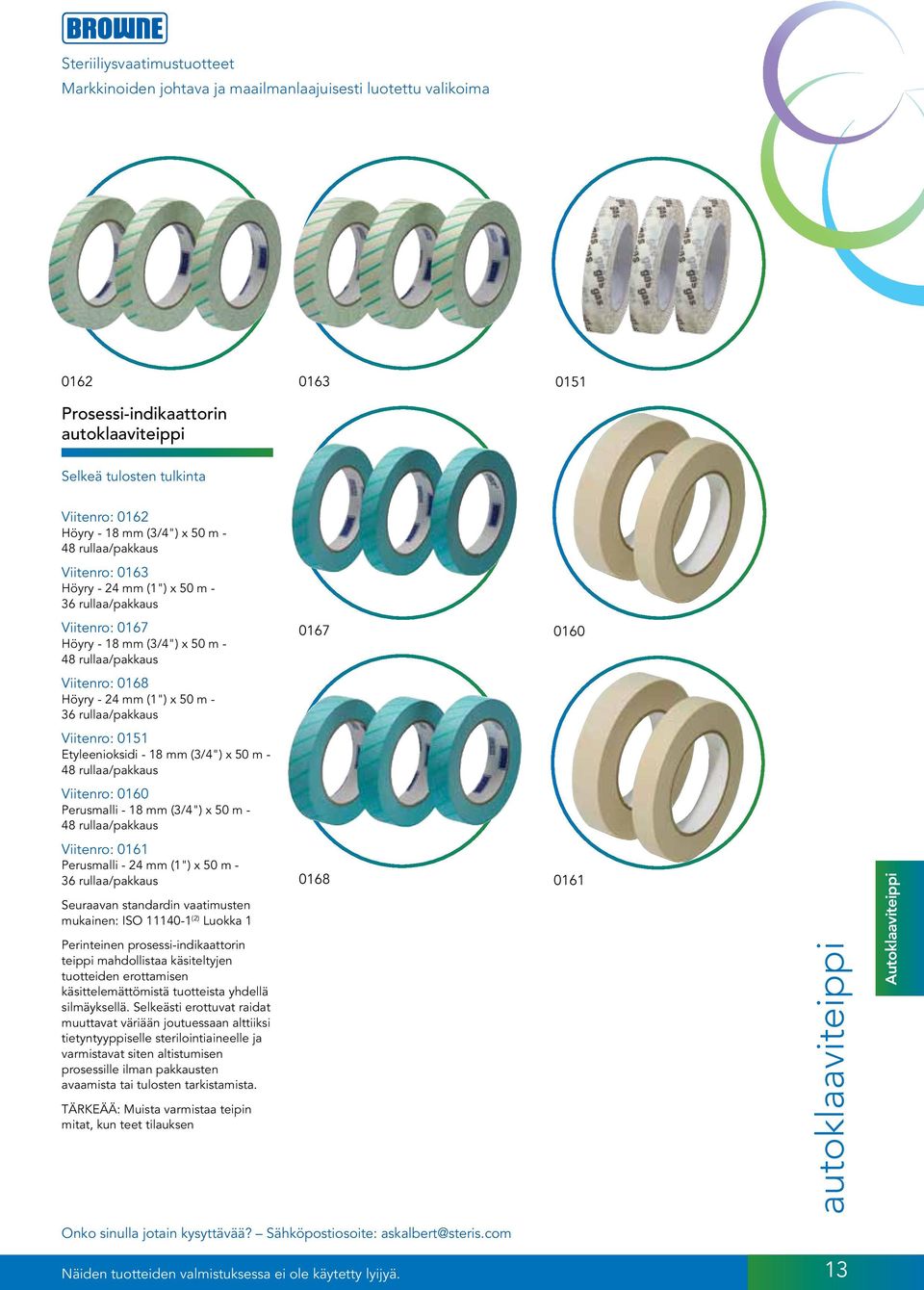 m - 48 rullaa/pakkaus Viitenro: 0160 Perusmalli - 18 mm (3/4") x 50 m - 48 rullaa/pakkaus Viitenro: 0161 Perusmalli - 24 mm (1") x 50 m - 36 rullaa/pakkaus mukainen: ISO 11140-1 (2) Luokka 1