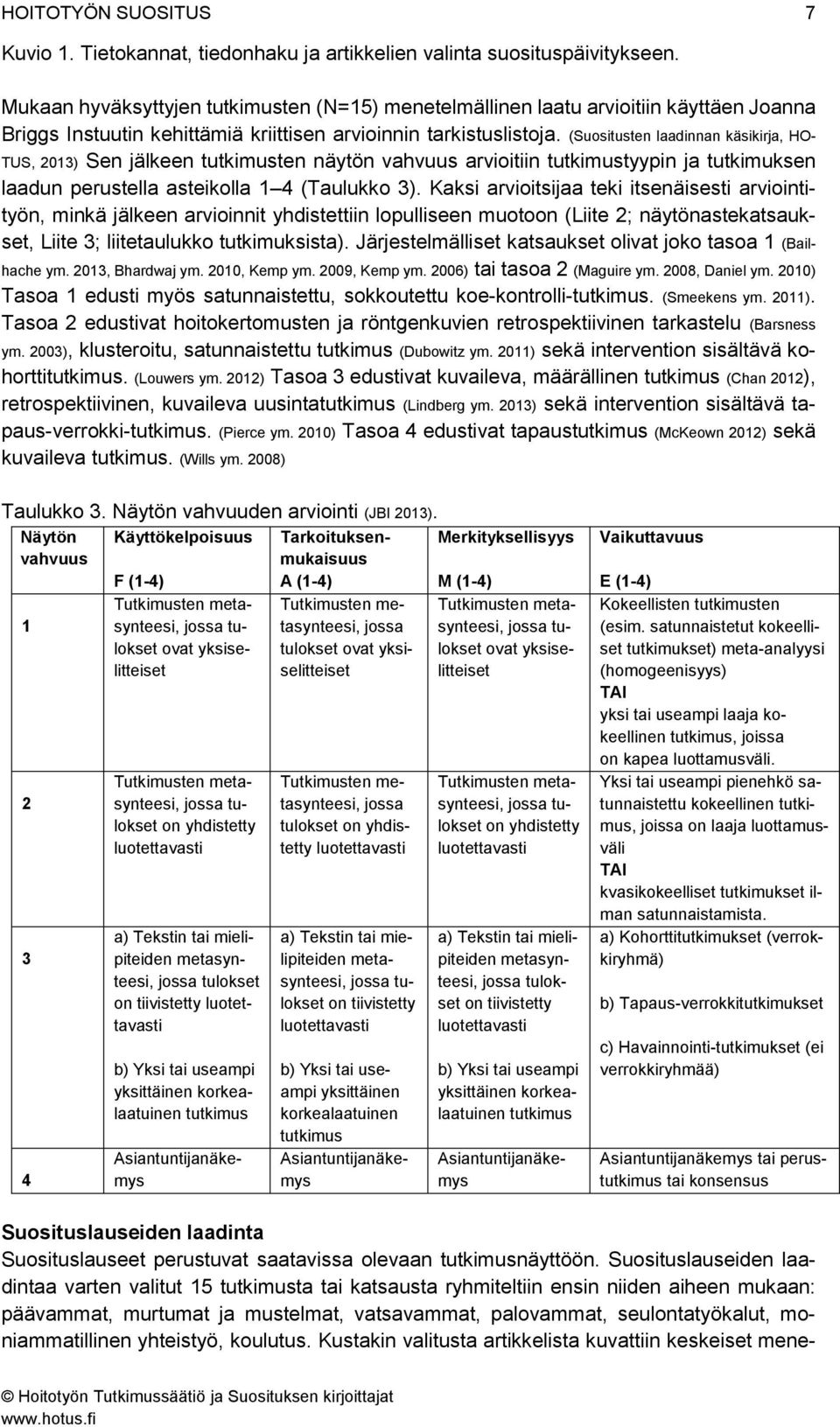 (Suositusten laadinnan käsikirja, HO- TUS, 2013) Sen jälkeen tutkimusten näytön vahvuus arvioitiin tutkimustyypin ja tutkimuksen laadun perustella asteikolla 1 4 (Taulukko 3).