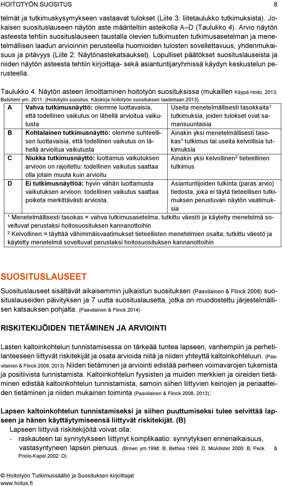 pitävyys (Liite 2: Näytönastekatsaukset). Lopulliset päätökset suosituslauseista ja niiden näytön asteesta tehtiin kirjoittaja- sekä asiantuntijaryhmissä käydyn keskustelun perusteella. Taulukko 4.