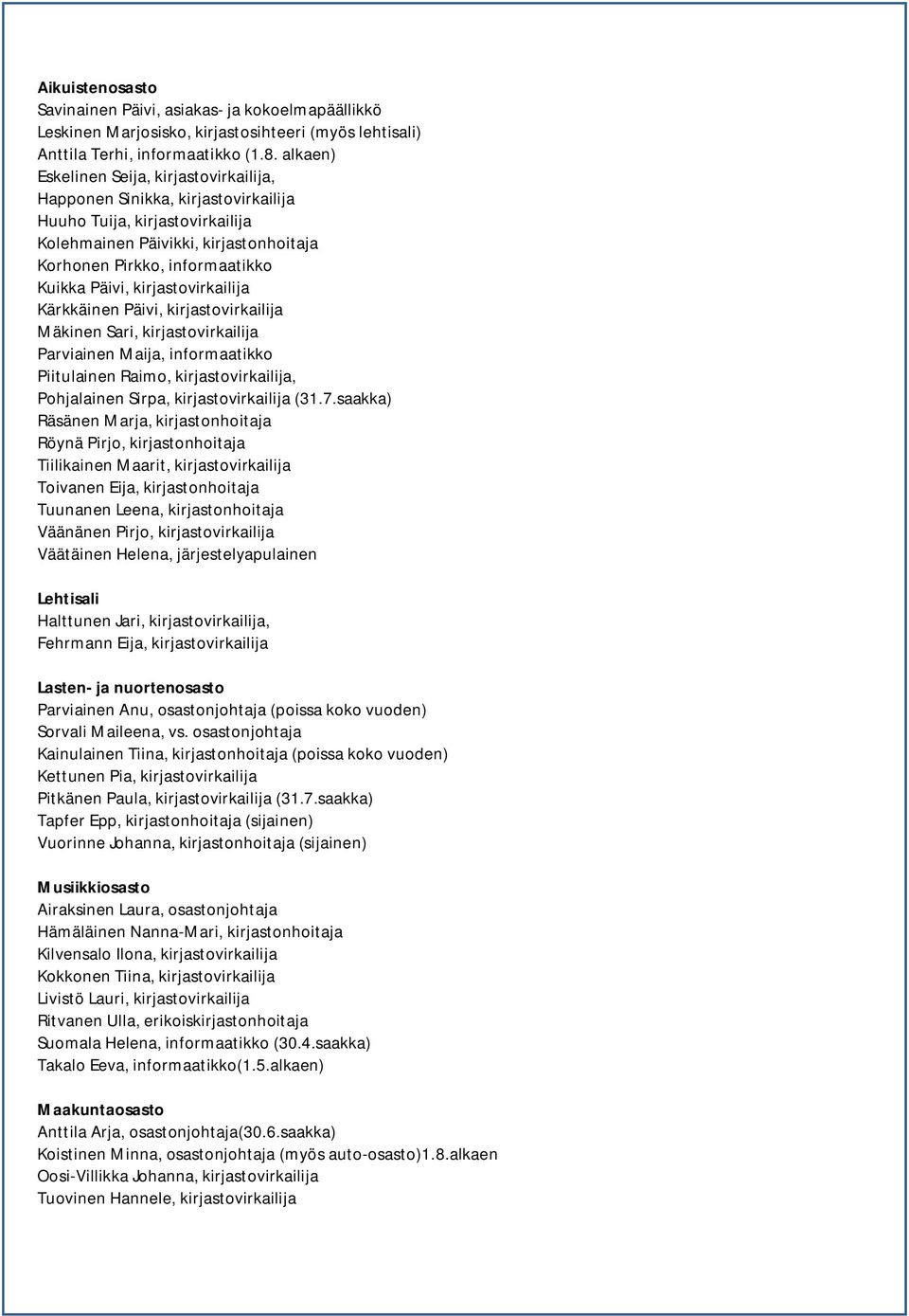 kirjastovirkailija Kärkkäinen Päivi, kirjastovirkailija Mäkinen Sari, kirjastovirkailija Parviainen Maija, informaatikko Piitulainen Raimo, kirjastovirkailija, Pohjalainen Sirpa, kirjastovirkailija