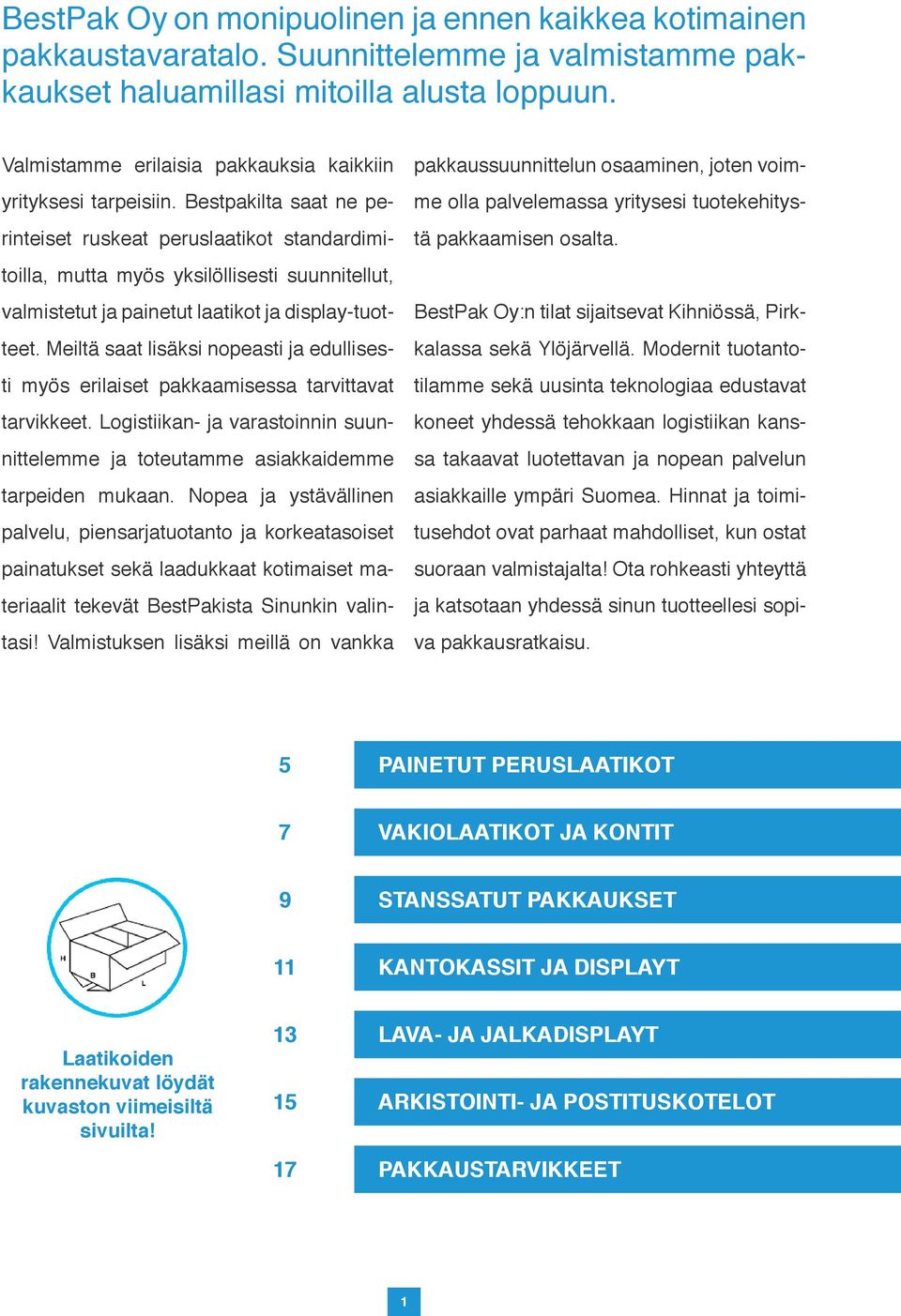 Bestpakilta saat ne perinteiset ruskeat peruslaatikot standardimitoilla, mutta myös yksilöllisesti suunnitellut, valmistetut ja painetut laatikot ja display-tuotteet.