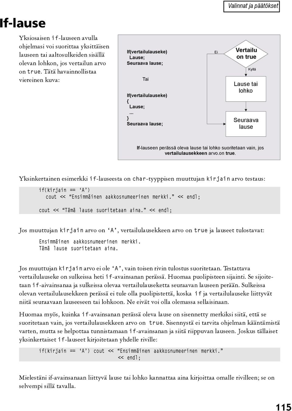 .. Seuraava lause; Ei Vertailu on true Kyllä Lause tai lohko Seuraava lause If-lauseen perässä oleva lause tai lohko suoritetaan vain, jos vertailulausekkeen arvo. on true. Yksinkertainen esimerkki if-lauseesta on char-tyyppisen muuttujan kirjain arvo testaus: if(kirjain == A ) cout << Ensimmäinen aakkosnumeerinen merkki.