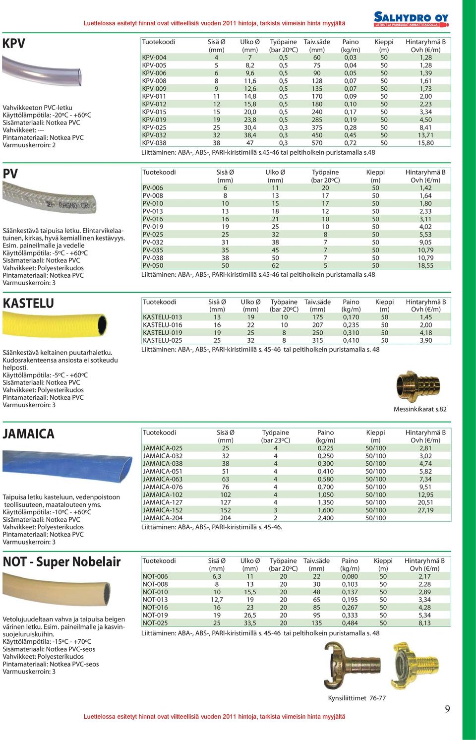 paineilmalle ja vedelle Käyttölämpötila: -5ºC - +60ºC Sisämateriaali: Notkea PVC Vahvikkeet: Polyesterikudos Pintamateriaali: Notkea PVC Varmuuskerroin: 3 KASTELU Säänkestävä keltainen puutarhaletku.