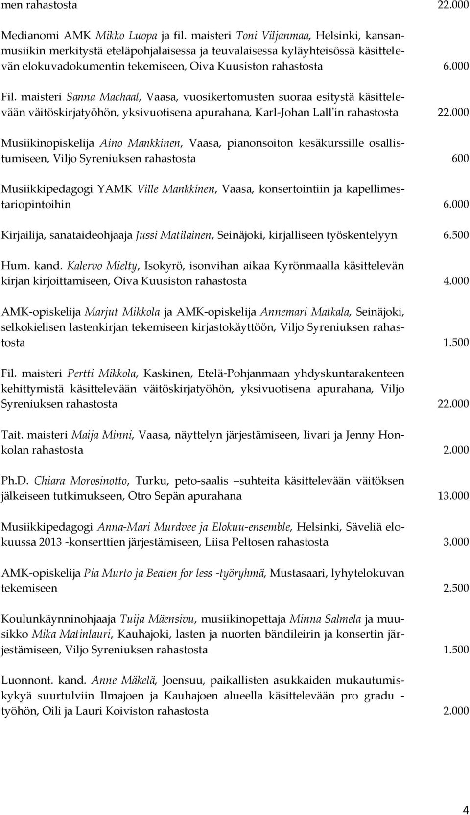 maisteri Sanna Machaal, Vaasa, vuosikertomusten suoraa esitystä käsittelevään väitöskirjatyöhön, yksivuotisena apurahana, Karl-Johan Lall'in rahastosta 22.