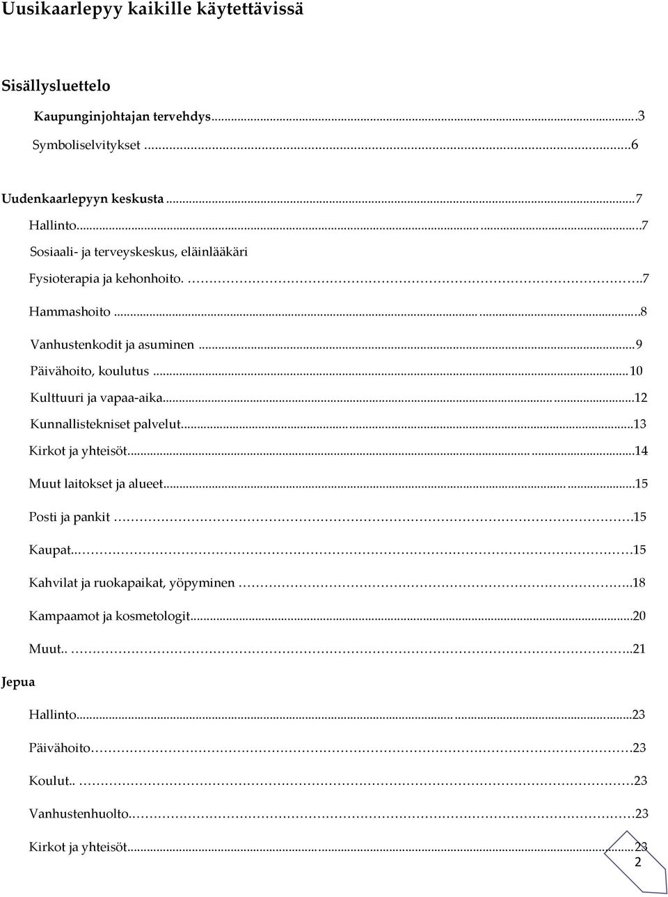 .. 10 Kulttuuri ja vapaa-aika...12 Kunnallistekniset palvelut...13 Kirkot ja yhteisöt...14 Muut laitokset ja alueet...15 Posti ja pankit.15 Kaupat.