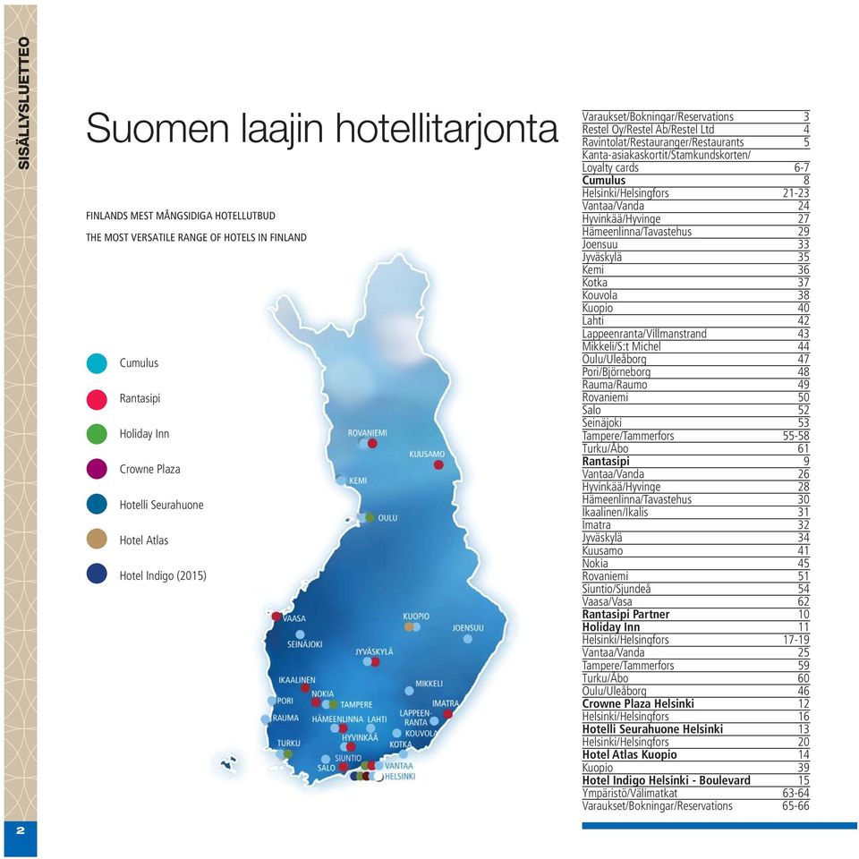 Helsinki/Helsingfors 21-23 Vantaa/Vanda 24 Hyvinkää/Hyvinge 27 Hämeenlinna/Tavastehus 29 Joensuu 33 Jyväskylä 35 Kemi 36 Kotka 37 Kouvola 38 Kuopio 40 Lahti 42 Lappeenranta/Villmanstrand 43