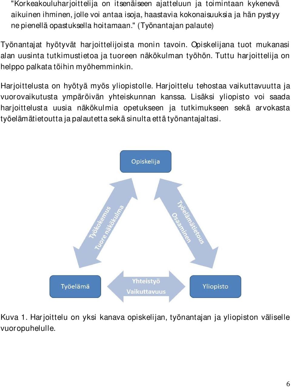 Tuttu harjoittelija on helppo palkata töihin myöhemminkin. Harjoittelusta on hyötyä myös yliopistolle. Harjoittelu tehostaa vaikuttavuutta ja vuorovaikutusta ympäröivän yhteiskunnan kanssa.